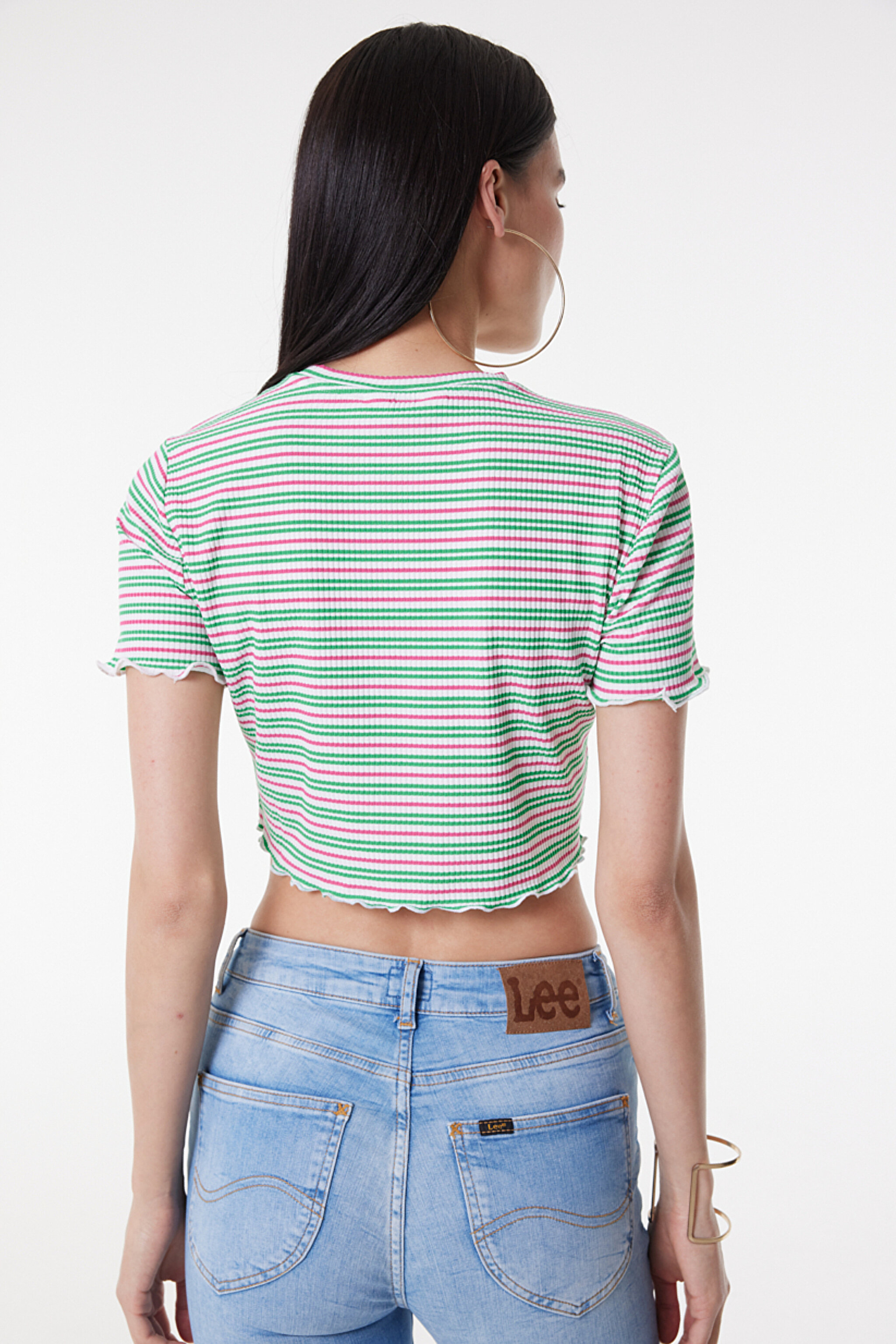 Slim Fit Dar Kesim Bisiklet Yaka Kısa Kollu Crop Renkli Esnek Tişört - Multi-L231112900 (görsel 5)