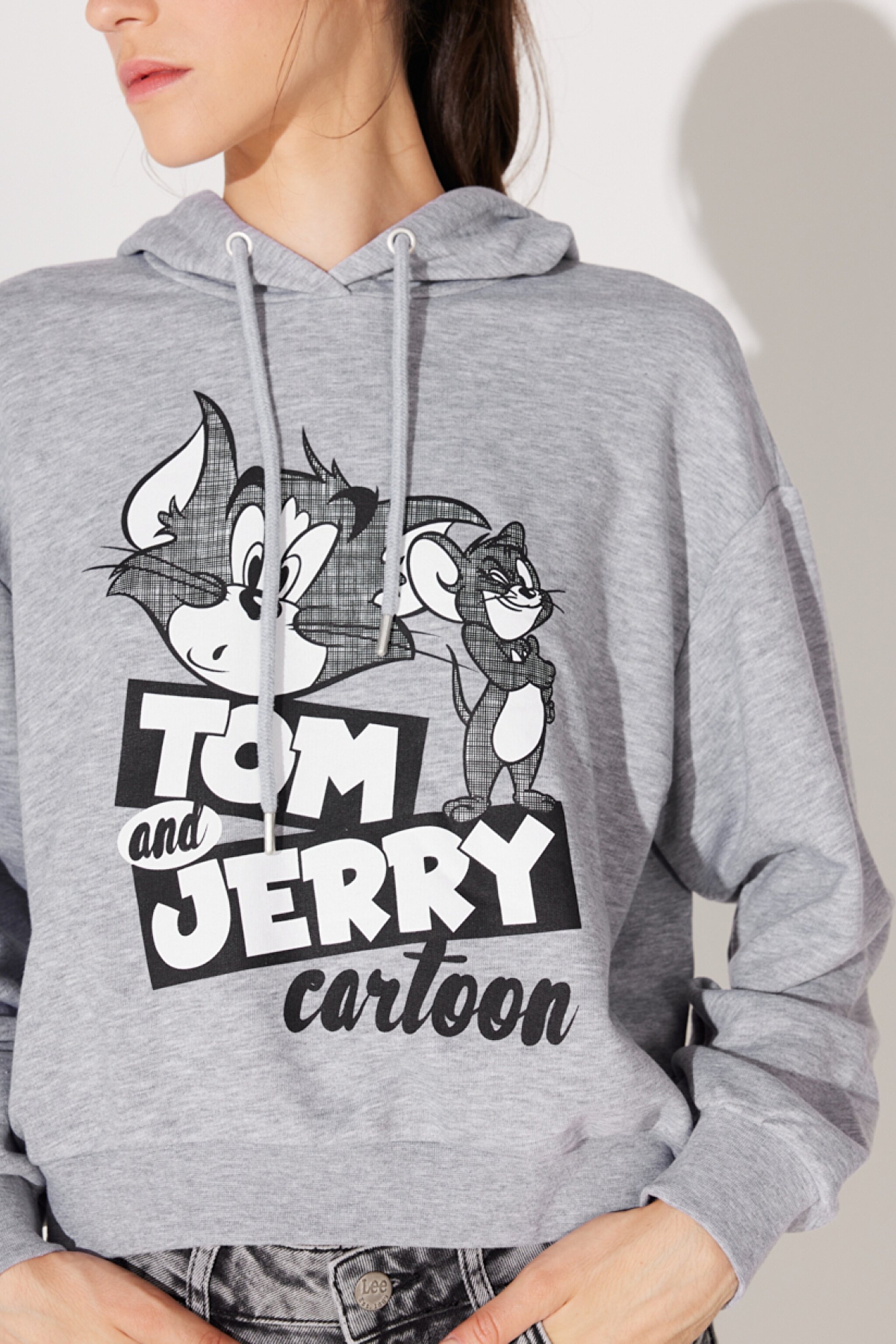 Regular Fit Normal Kesim Kapüşonlu Gri Melanj Tom ve Jerry Baskılı Sweatshirt - Gray-L231211035 (görsel 5)