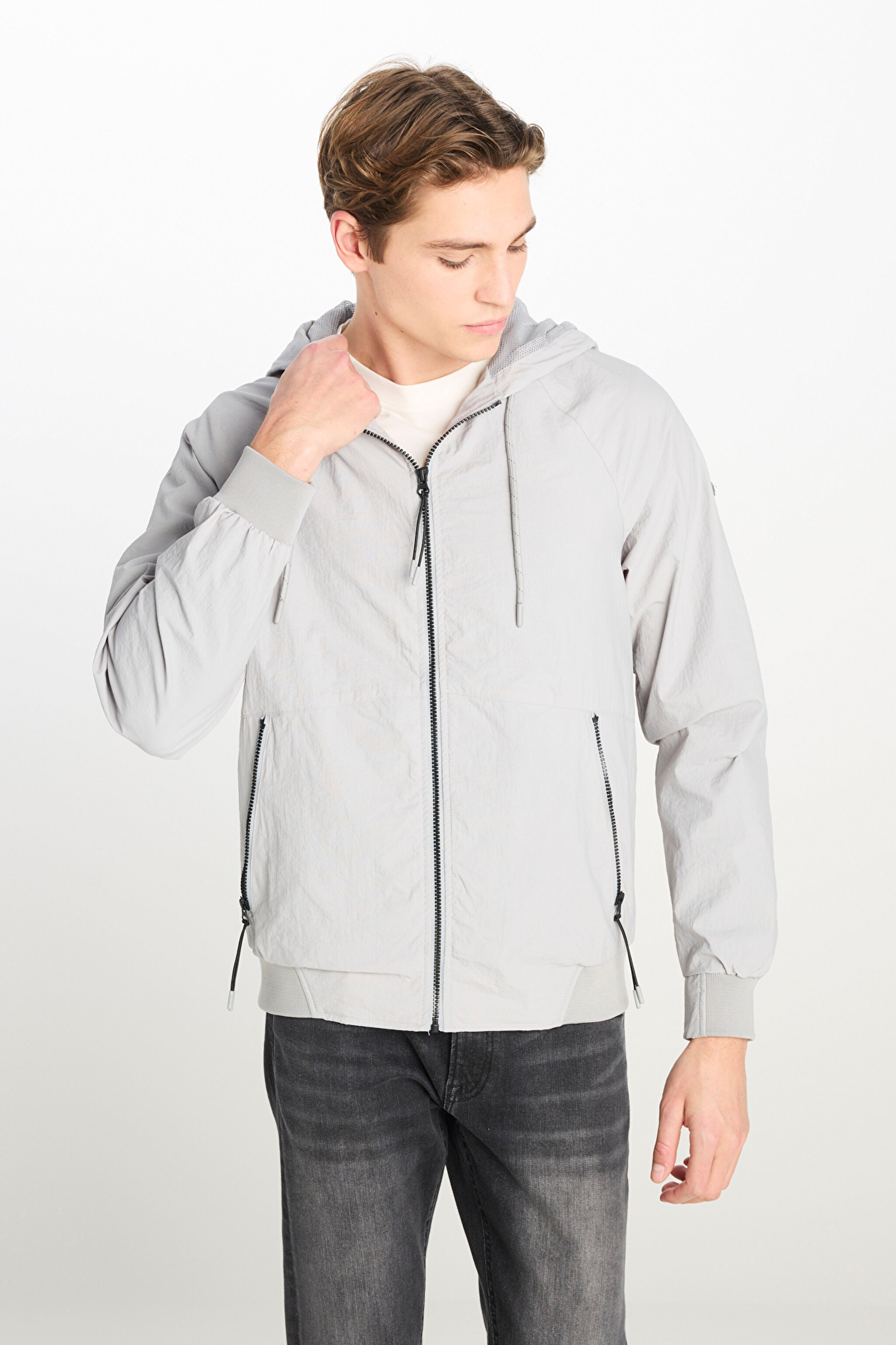 Regular Fit Normal Kesim Kapüşonlu Gri Yağmurluk Ceket - Light Gray-L231225032 (görsel 3)