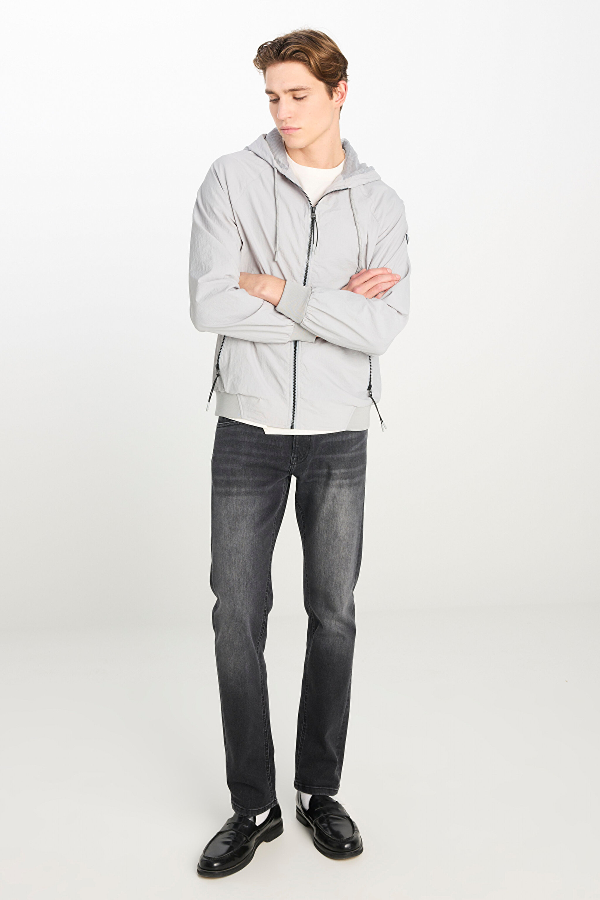 Regular Fit Normal Kesim Kapüşonlu Gri Yağmurluk Ceket - Light Gray-L231225032 (görsel 4)