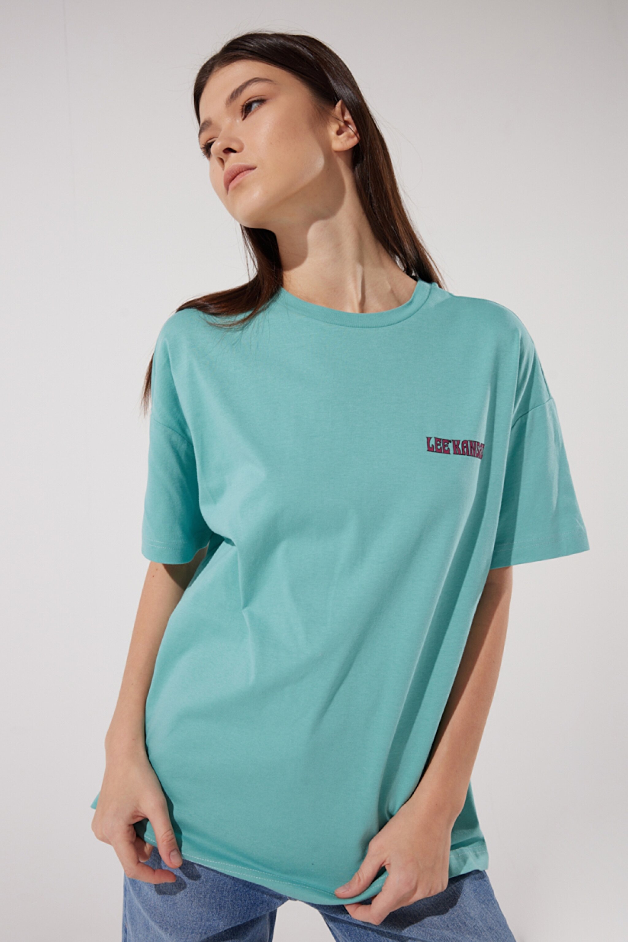 Loose Fit Rahat Kesim %100 Pamuk Bisiklet Yaka Mint Yeşili Tişört - Dusty Jade-L23126641