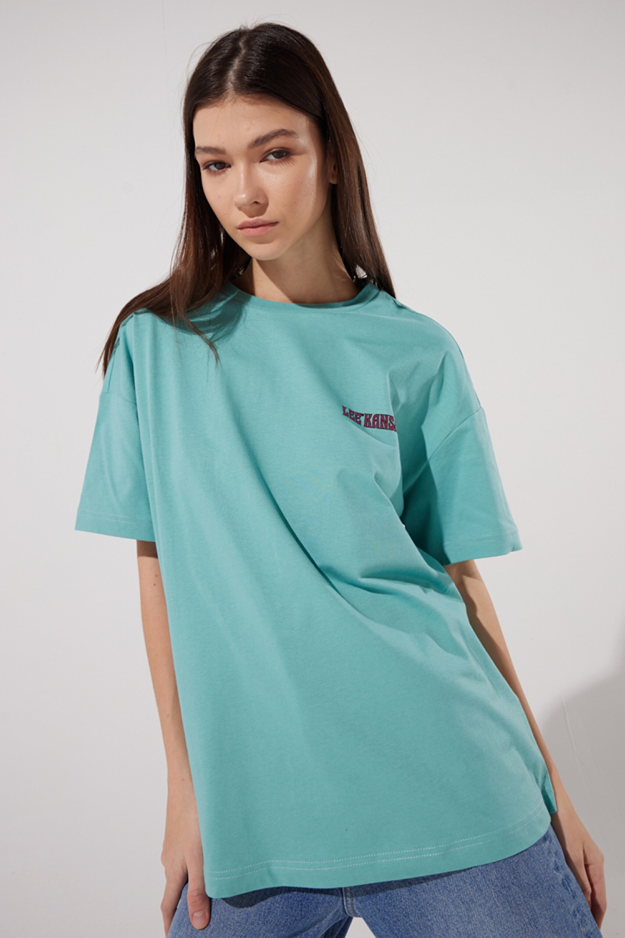 Loose Fit Rahat Kesim %100 Pamuk Bisiklet Yaka Mint Yeşili Tişört - Dusty Jade-L23126641 (görsel 2)