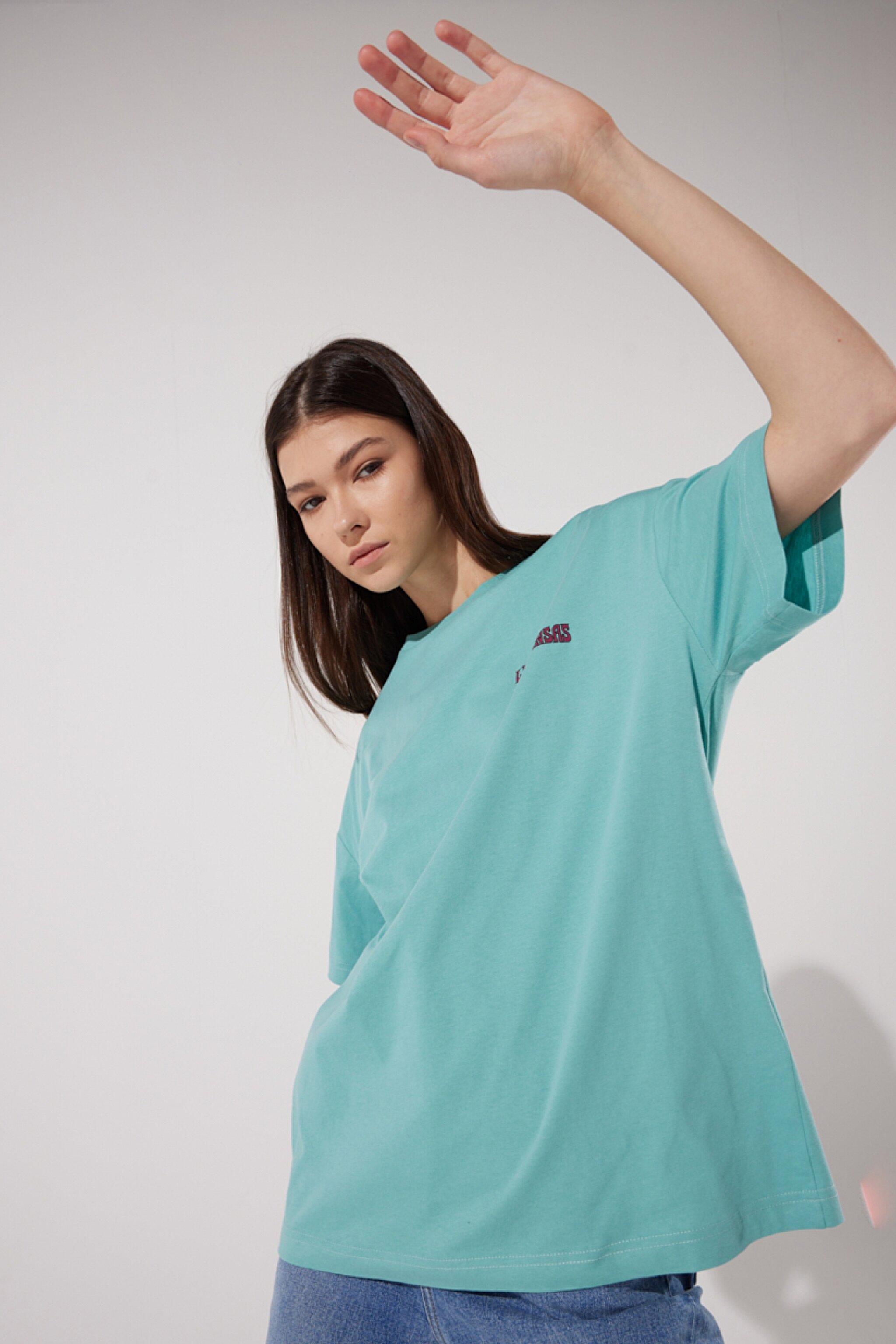 Loose Fit Rahat Kesim %100 Pamuk Bisiklet Yaka Mint Yeşili Tişört - Dusty Jade-L23126641 (görsel 3)