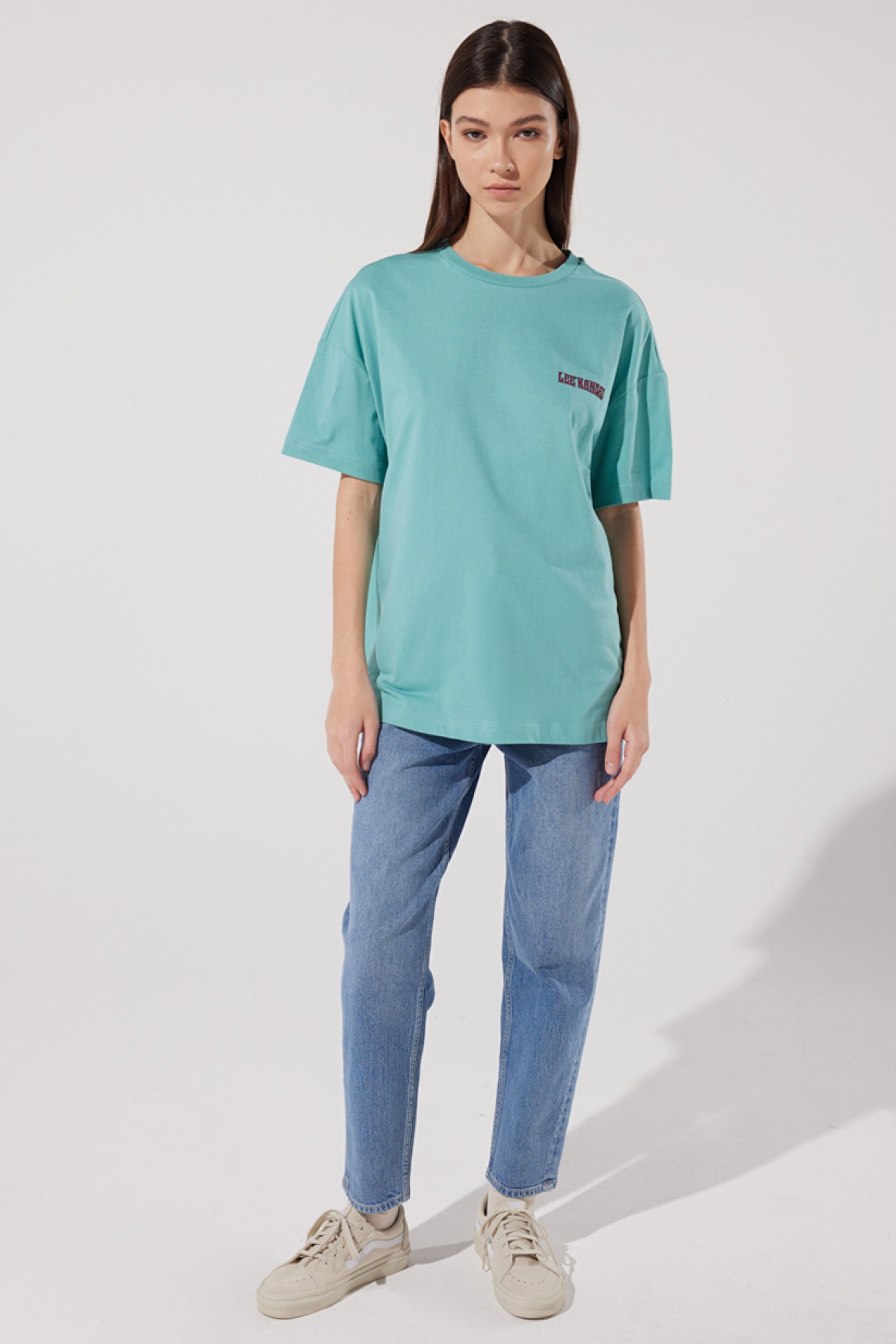 Loose Fit Rahat Kesim %100 Pamuk Bisiklet Yaka Mint Yeşili Tişört - Dusty Jade-L23126641 (görsel 6)