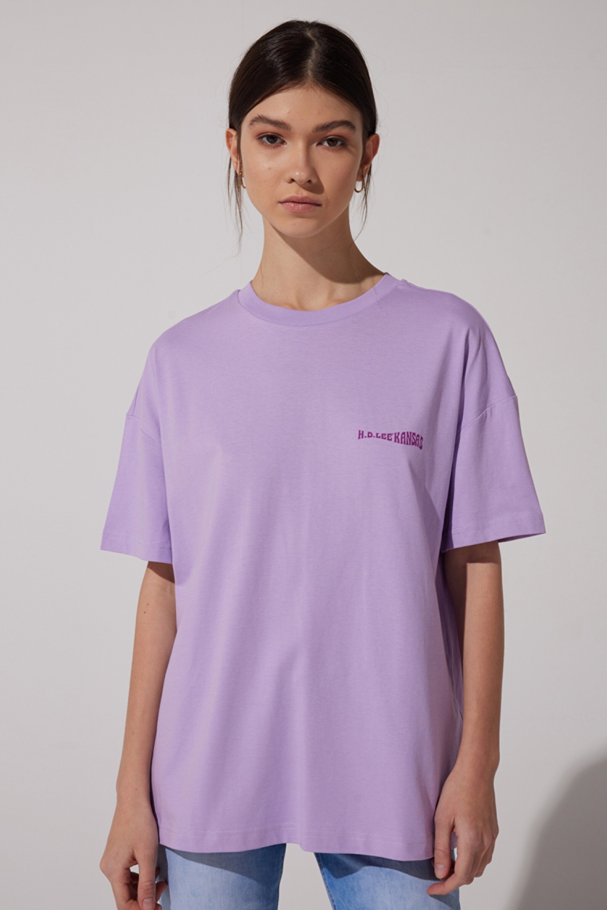 Loose Fit Rahat Kesim %100 Pamuk Bisiklet Yaka Lila Tişört