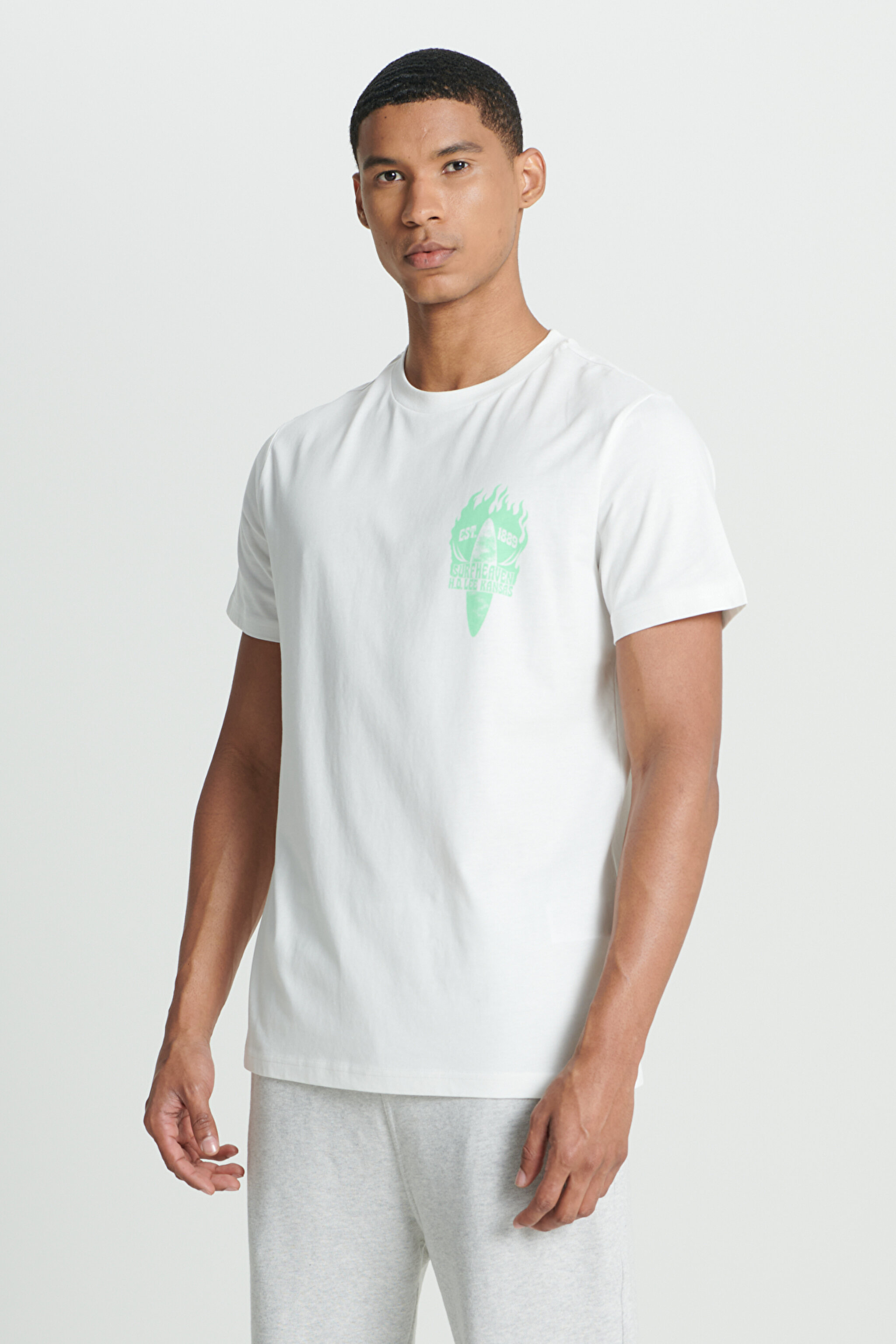 Regular Fit Normal Kesim %100 Pamuk Bisiklet Yaka Kırık Beyaz Tişört - Off White-L231288102 (görsel 3)