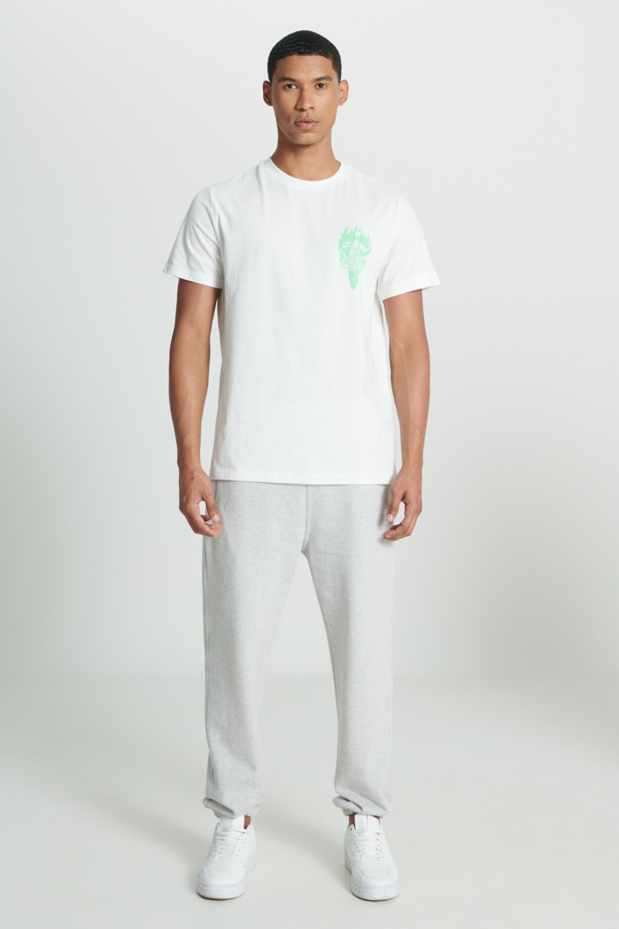 Regular Fit Normal Kesim %100 Pamuk Bisiklet Yaka Kırık Beyaz Tişört - Off White-L231288102 (görsel 5)