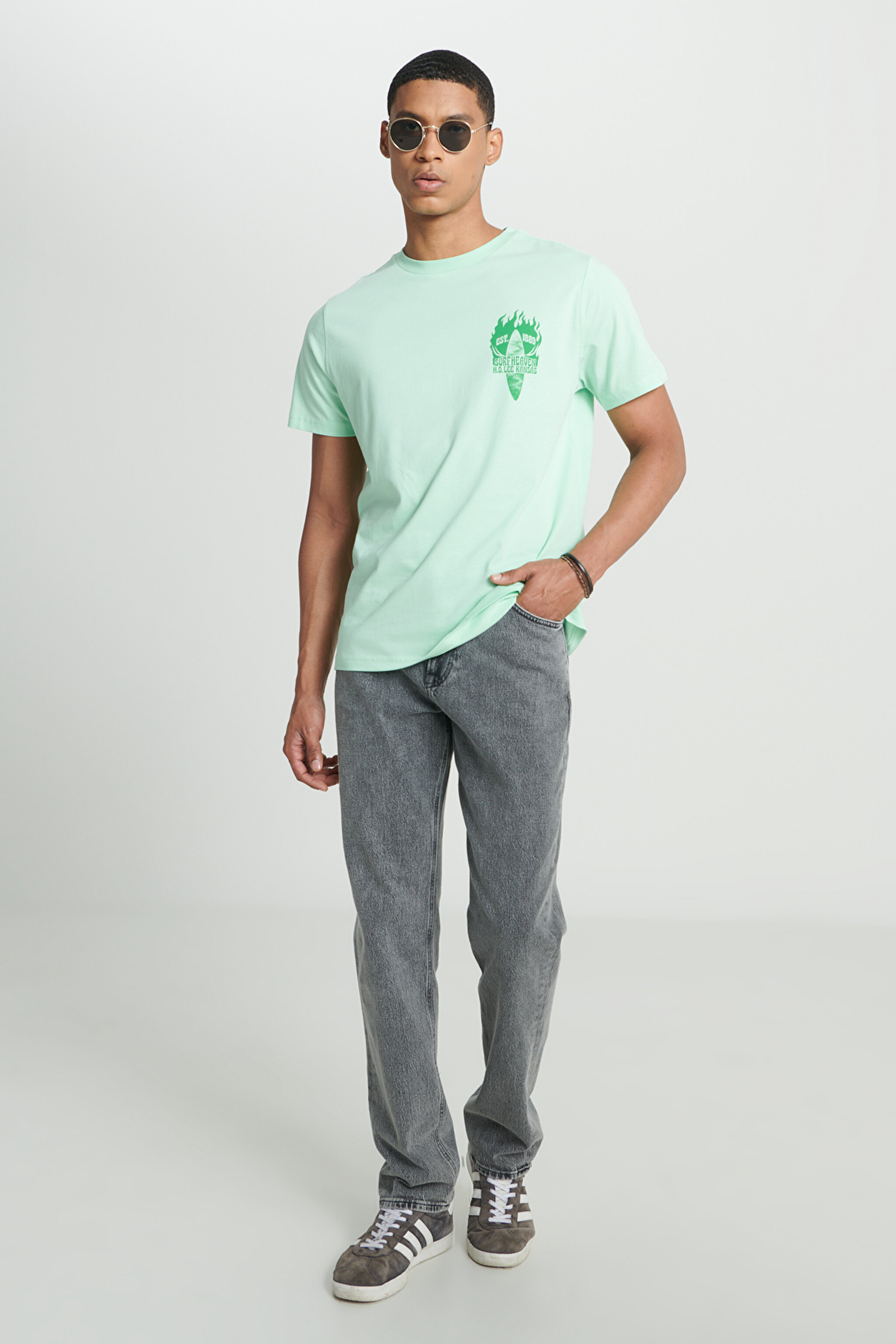 Regular Fit Normal Kesim %100 Pamuk Bisiklet Yaka Açık Yeşil Tişört - Light Green-L231288299 (görsel 3)