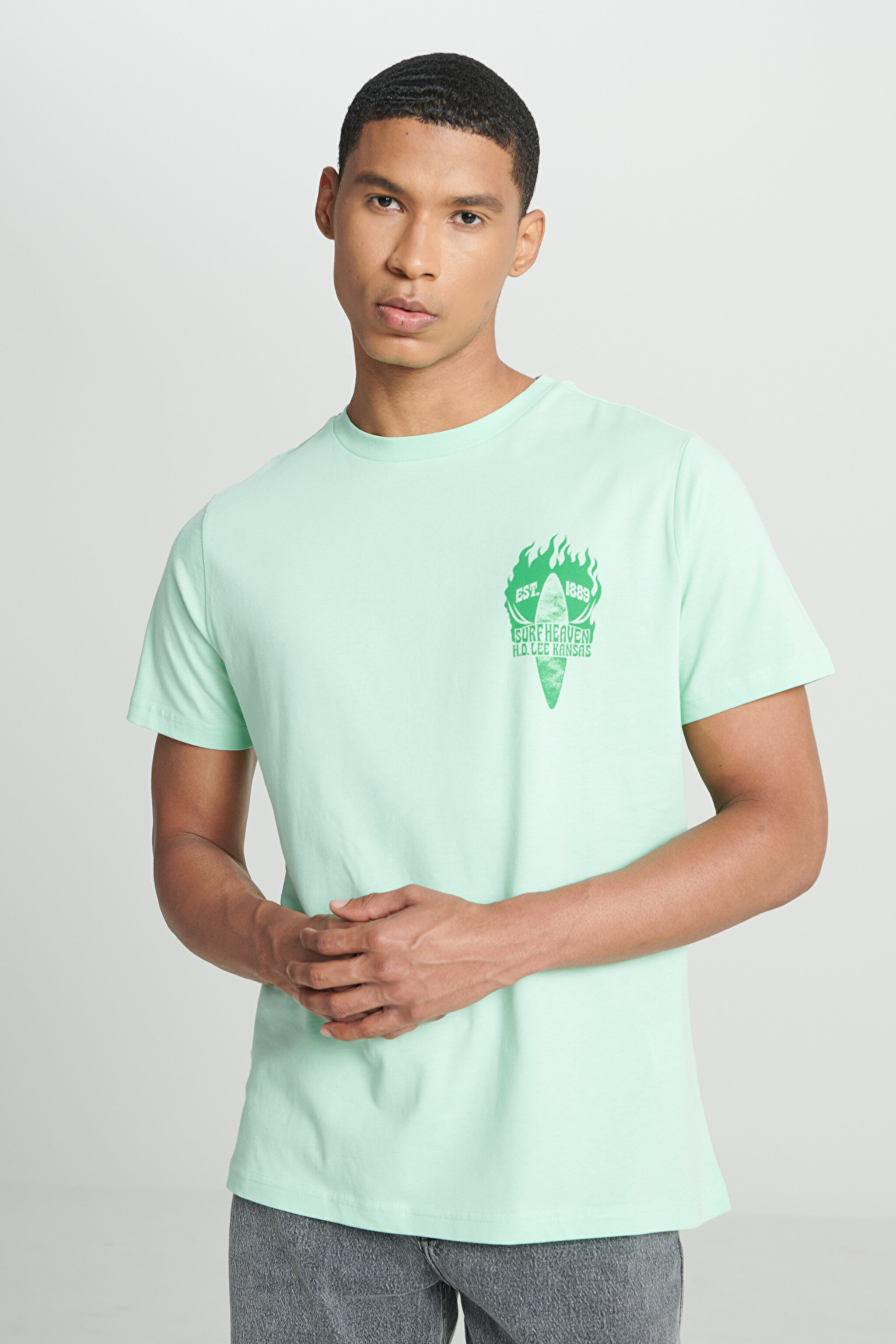 Regular Fit Normal Kesim %100 Pamuk Bisiklet Yaka Açık Yeşil Tişört - Light Green-L231288299 (görsel 6)