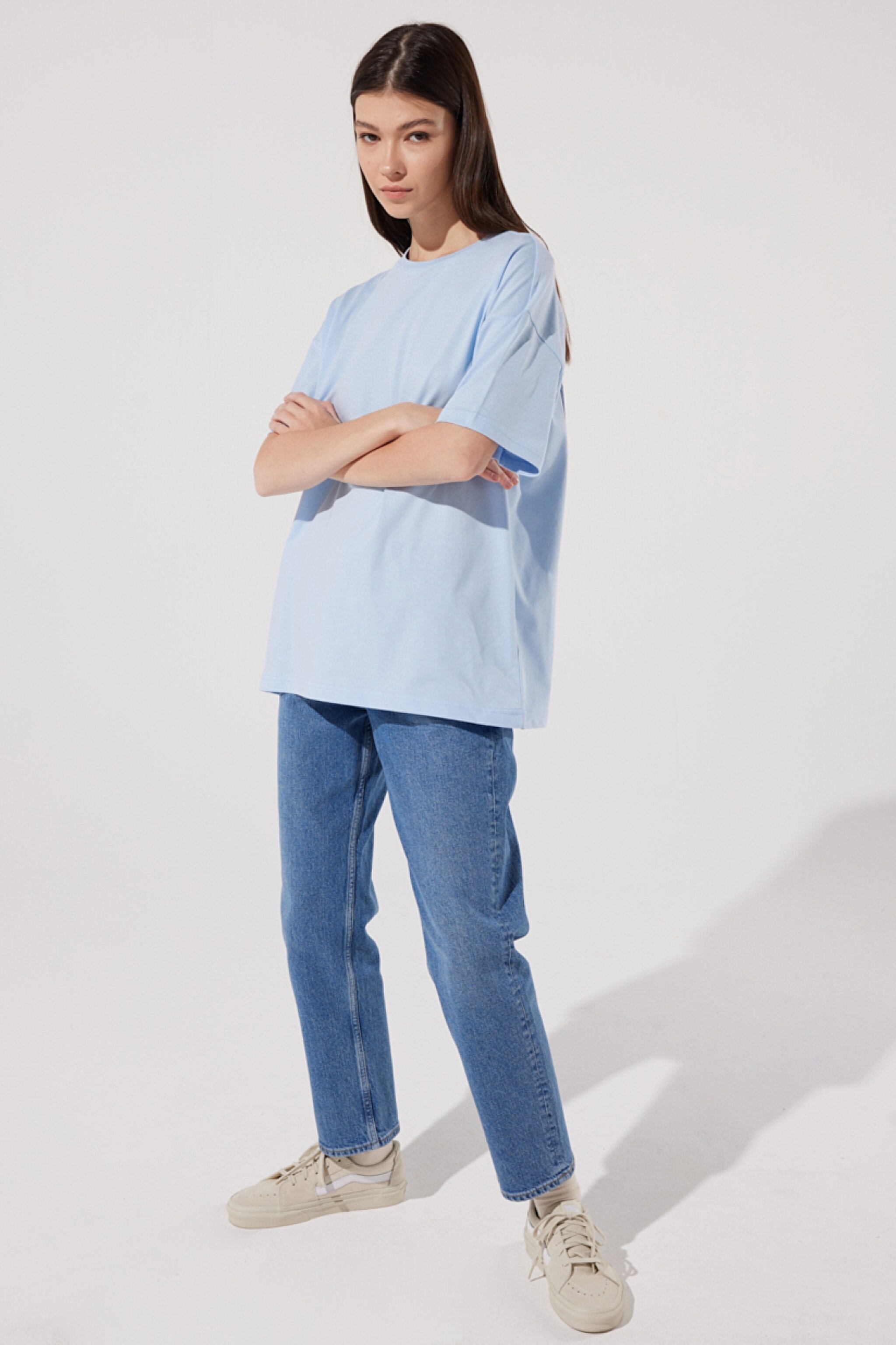 Loose Fit Rahat Kesim %100 Pamuk Bisiklet Yaka Mavi Tişört - Blue-L231308400 (görsel 5)