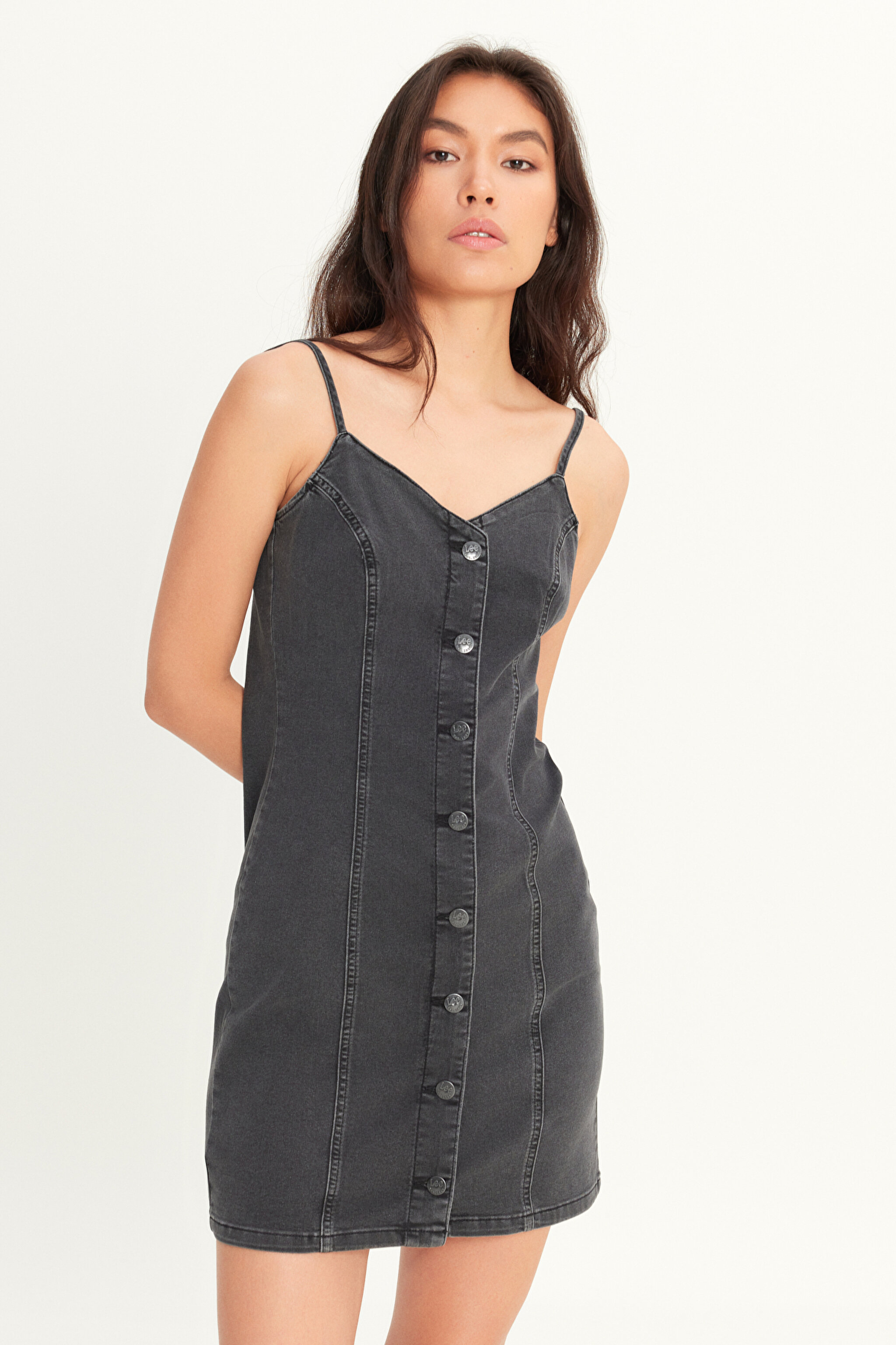 Slim Fit Dar Kesim V Yaka Askılı Antrasit Esnek Jean Kot Elbise