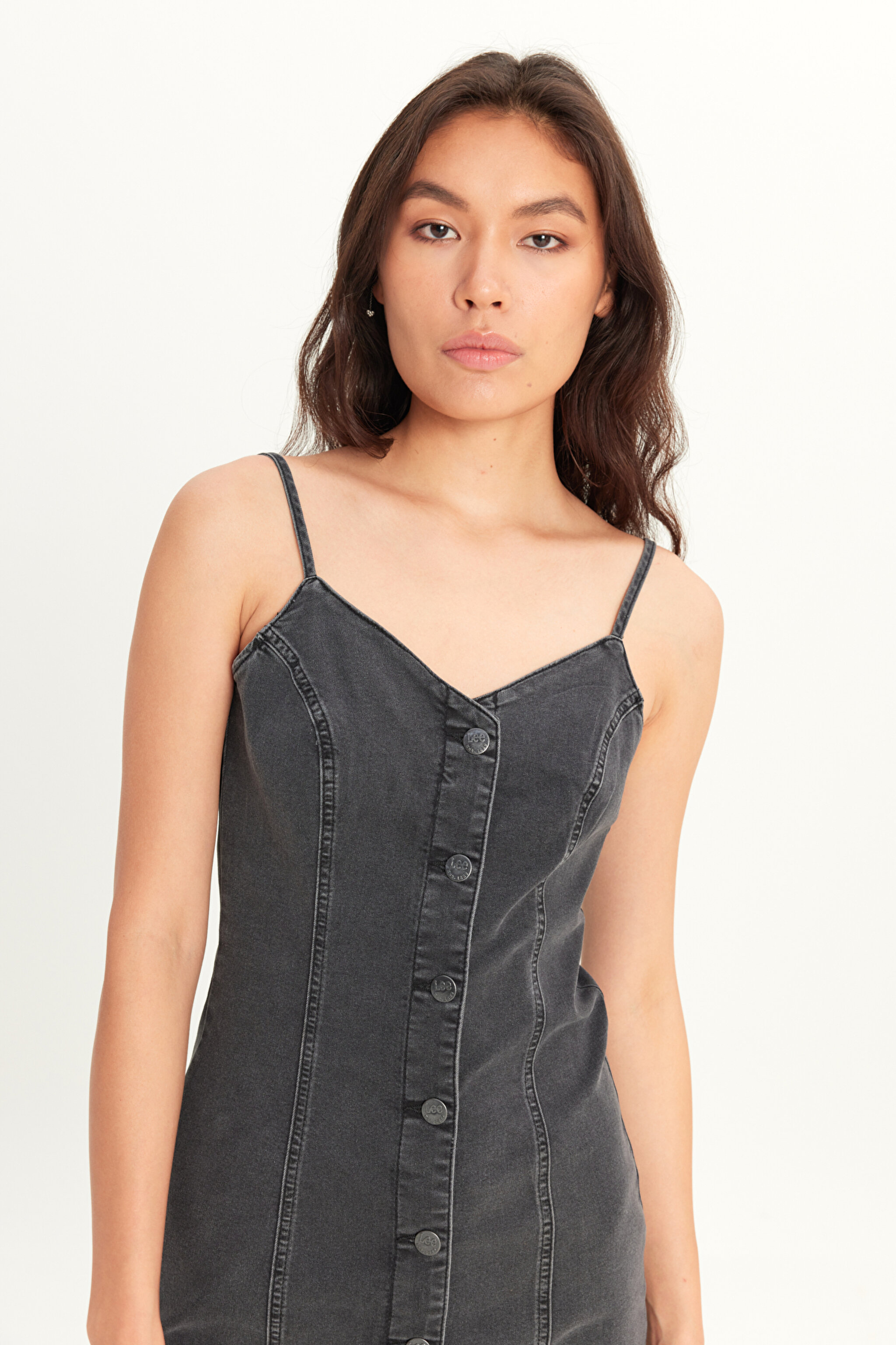 Slim Fit Dar Kesim V Yaka Askılı Antrasit Esnek Jean Kot Elbise - Black-L231329001 (görsel 4)