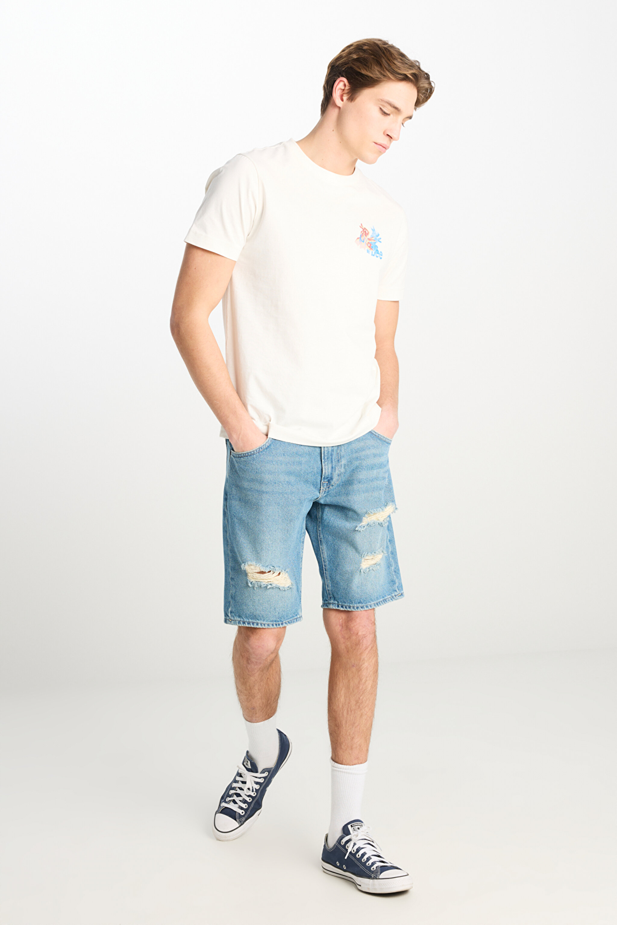Regular Fit Normal Kesim %100 Pamuk Normal Bel Mavi Jean Kot Şort - Mid Blue-L231629XT