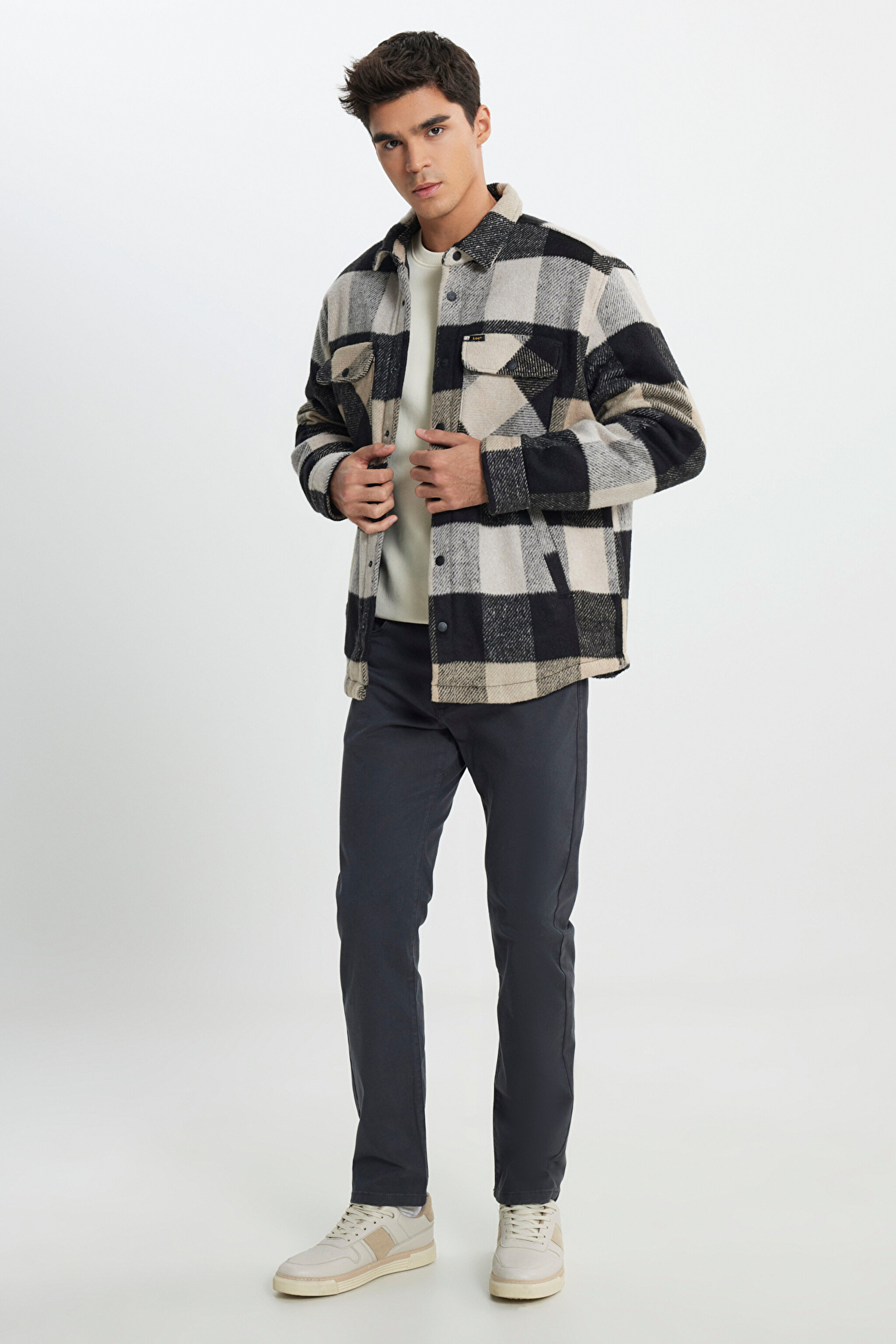 Loose Fit Rahat Kesim Siyah Krem Ekose Kaşe Ceket - Multi-L232067900 (görsel 3)