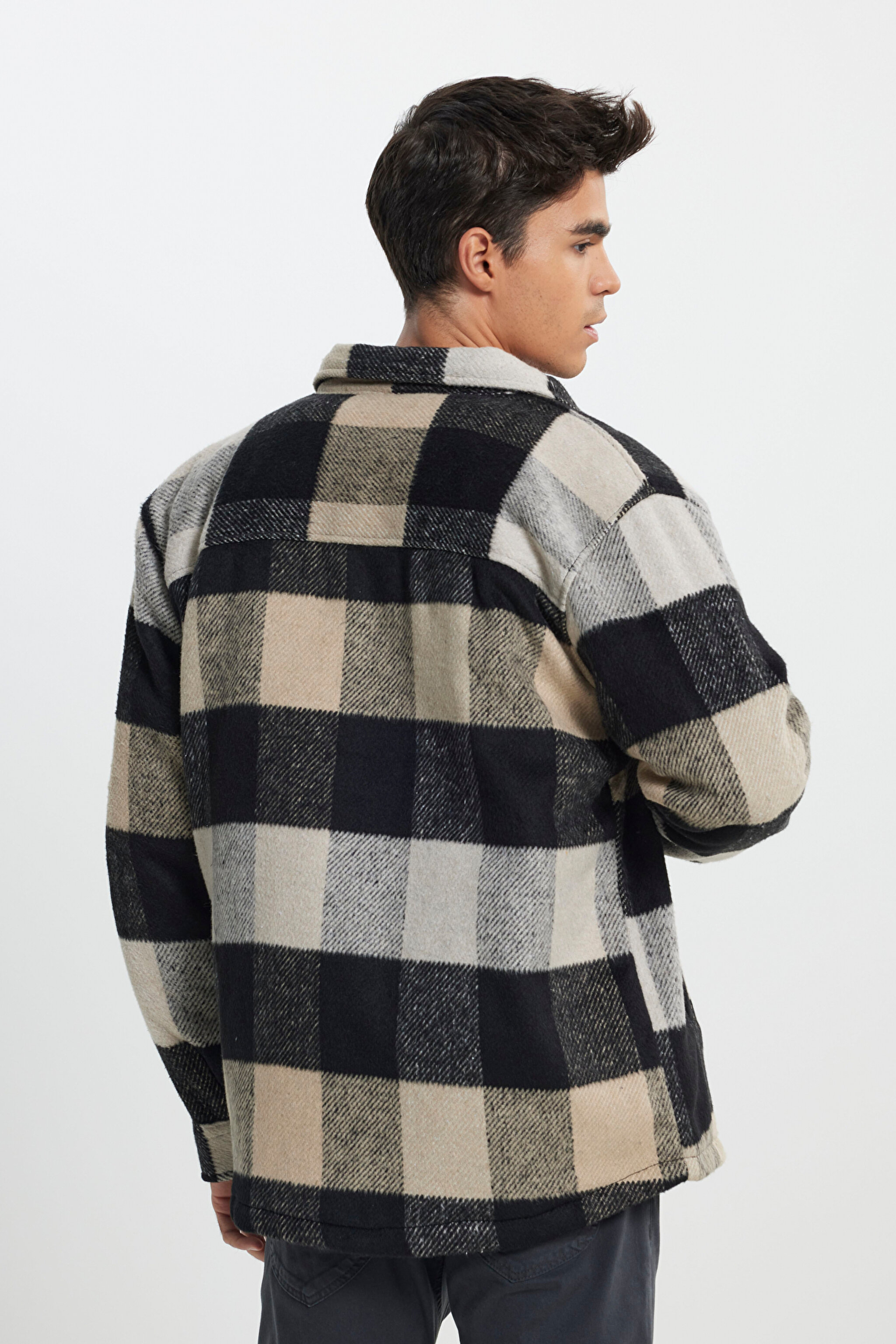 Loose Fit Rahat Kesim Siyah Krem Ekose Kaşe Ceket - Multi-L232067900 (görsel 6)