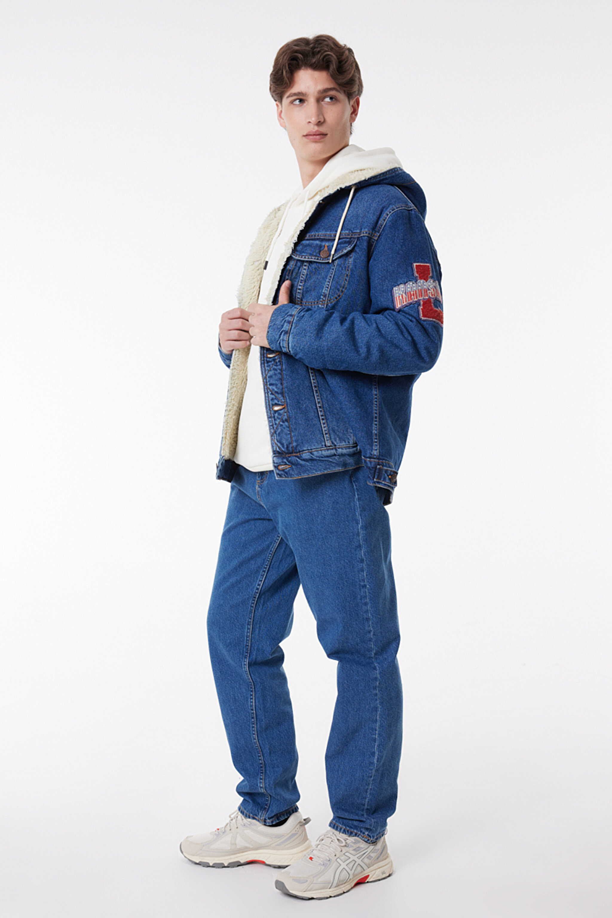 Regular Fit Normal Kesim %100 Pamuk Kapüşonlu Sherpa Trucker Jean Denim Kot Ceket