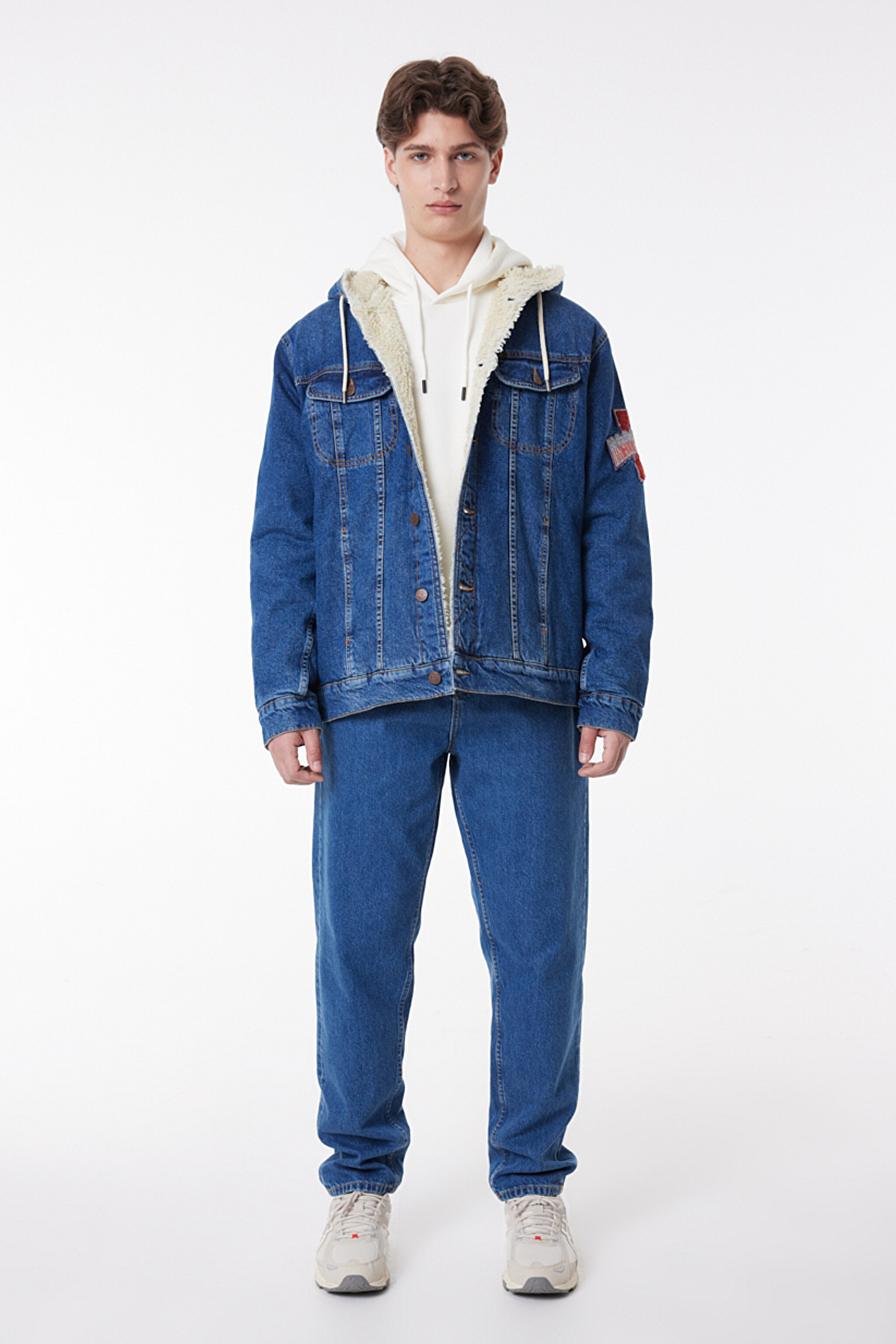Regular Fit Normal Kesim %100 Pamuk Kapüşonlu Sherpa Trucker Jean Denim Kot Ceket - Mid Blue-L232089XT (görsel 3)
