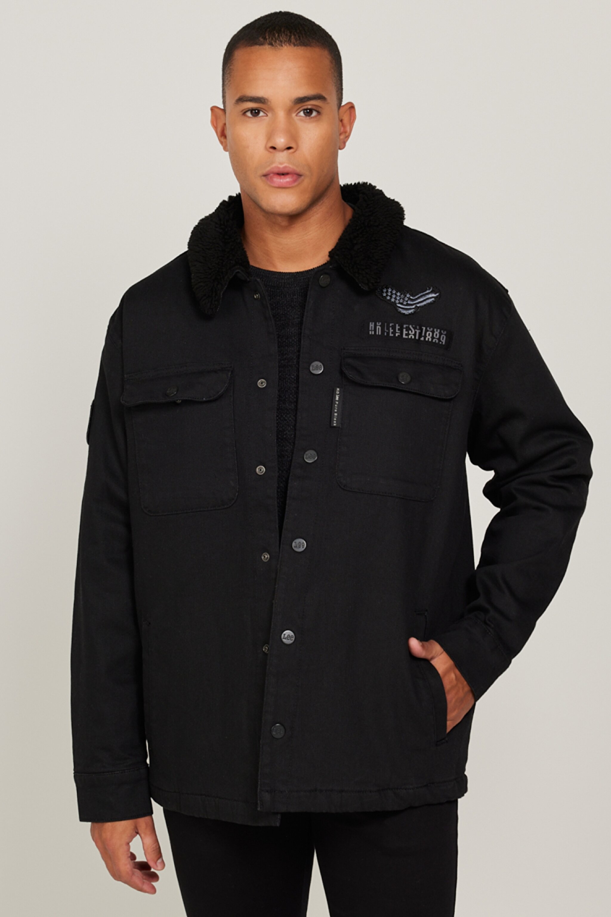Oversize Bol Kesim Sherpa Siyah Jean Denim Kot Ceket - Black-L232095001