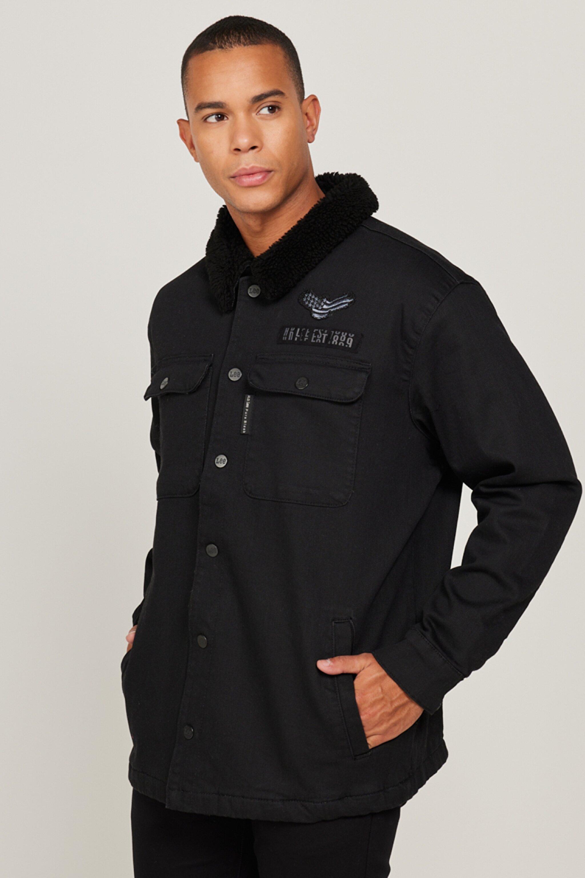 Oversize Bol Kesim Sherpa Siyah Jean Denim Kot Ceket - Black-L232095001 (görsel 3)