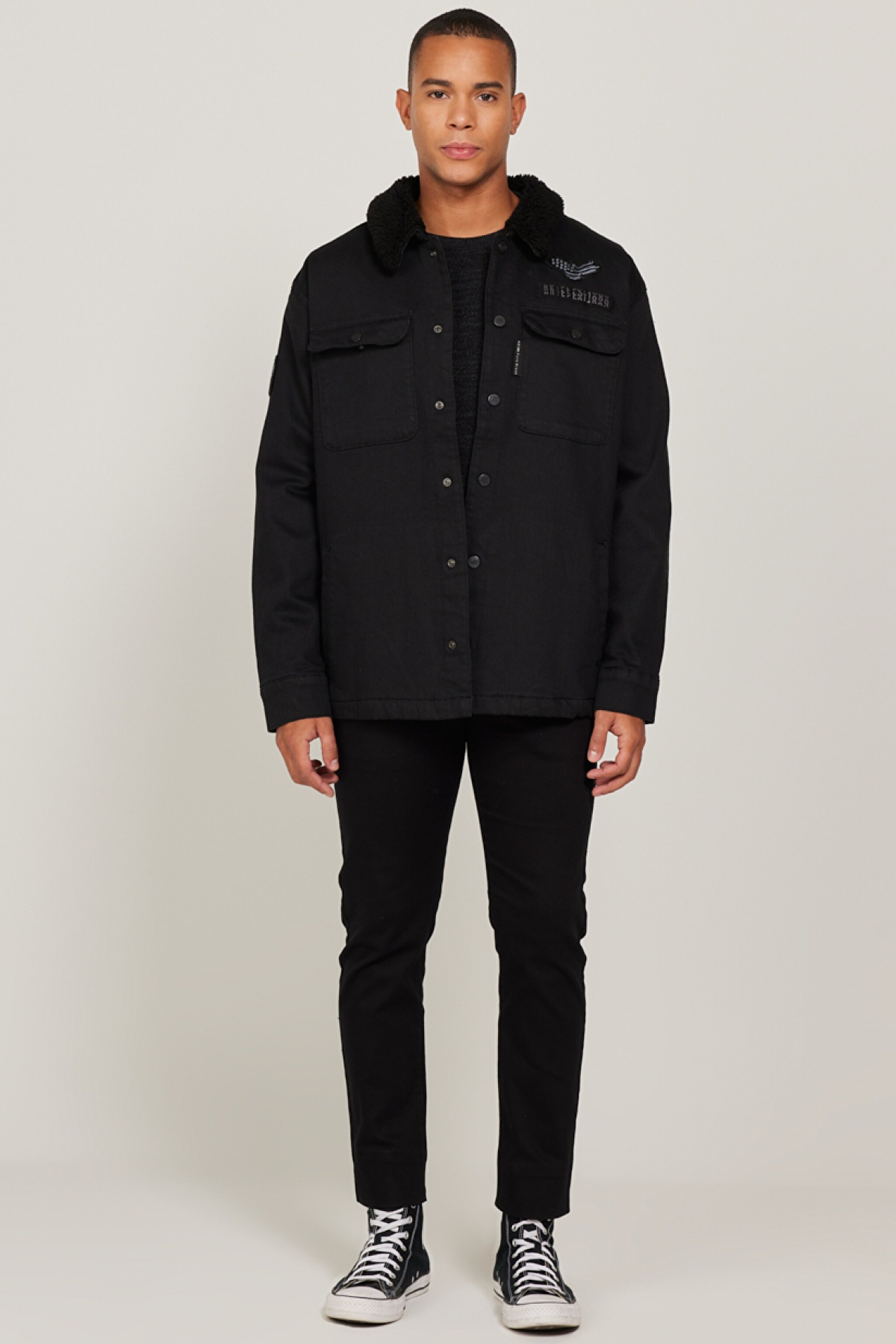 Oversize Bol Kesim Sherpa Siyah Jean Denim Kot Ceket L232095001