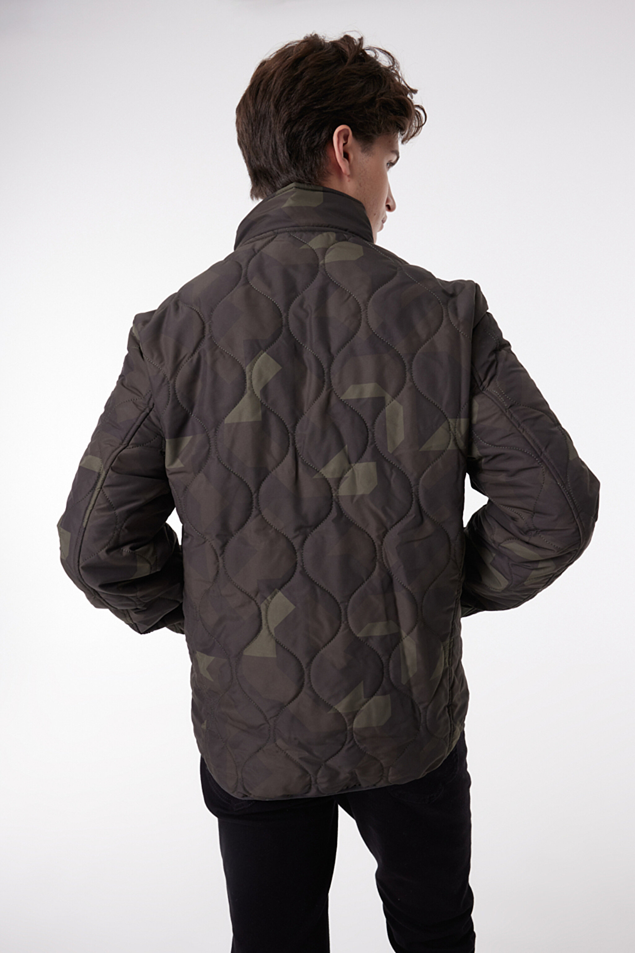 Regular Fit Normal Kesim Dik Yaka Haki Kapitone Ceket - Green Camo-L232140310 (görsel 5)