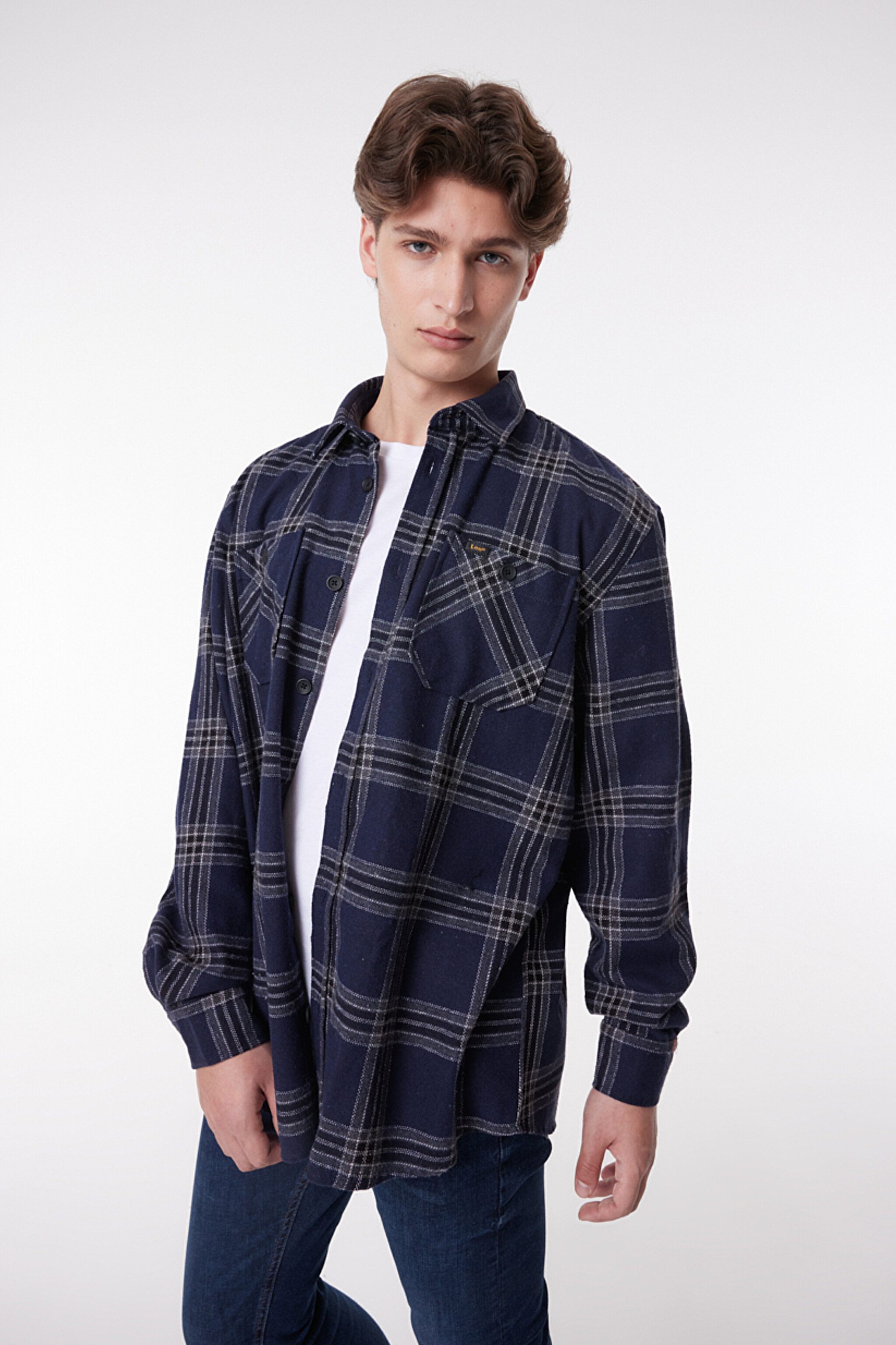 Loose Fit Rahat Kesim Ekose Lacivert Uzun Kollu Gömlek - Navy-L232145410 (görsel 2)