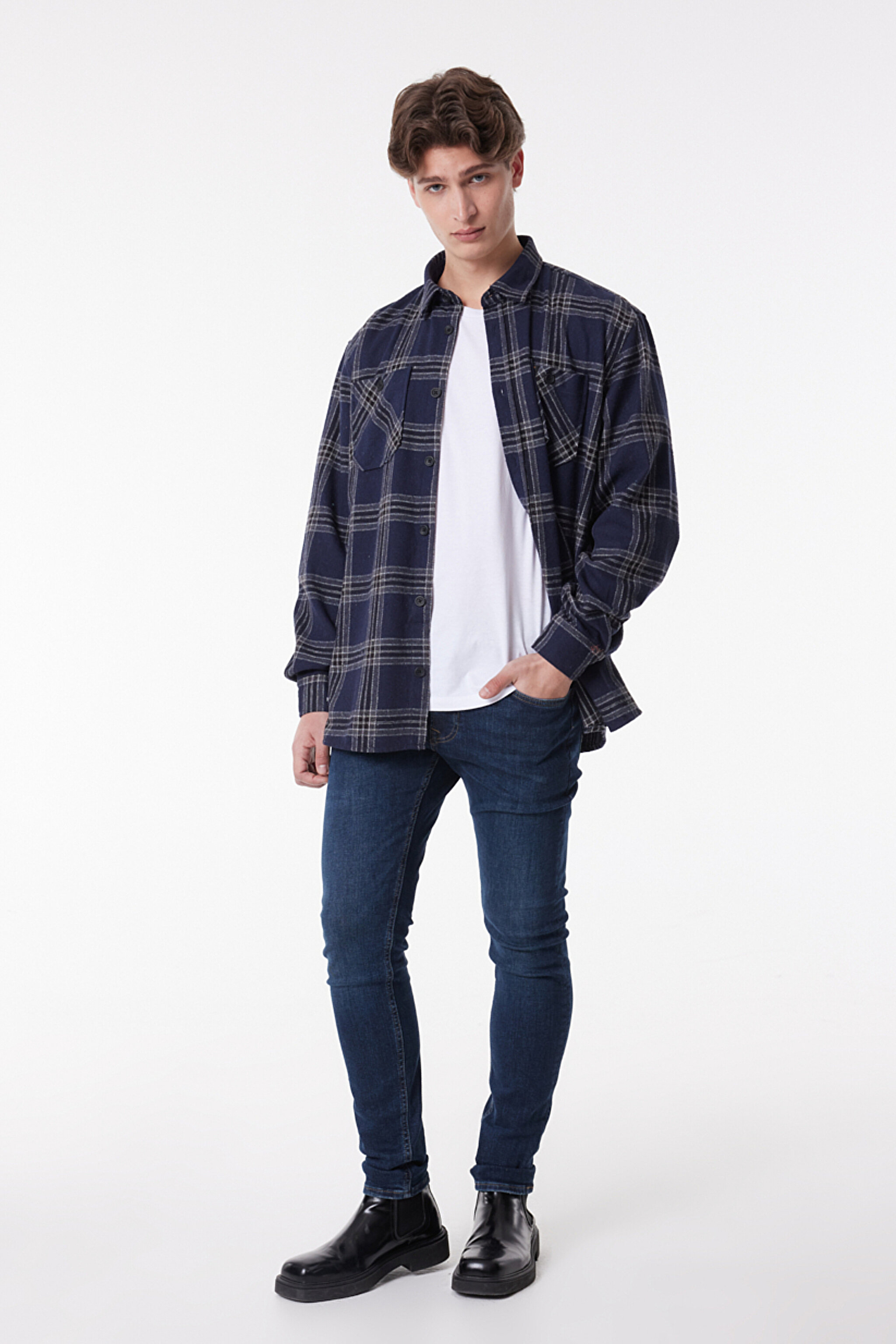Loose Fit Rahat Kesim Ekose Lacivert Uzun Kollu Gömlek - Navy-L232145410 (görsel 4)