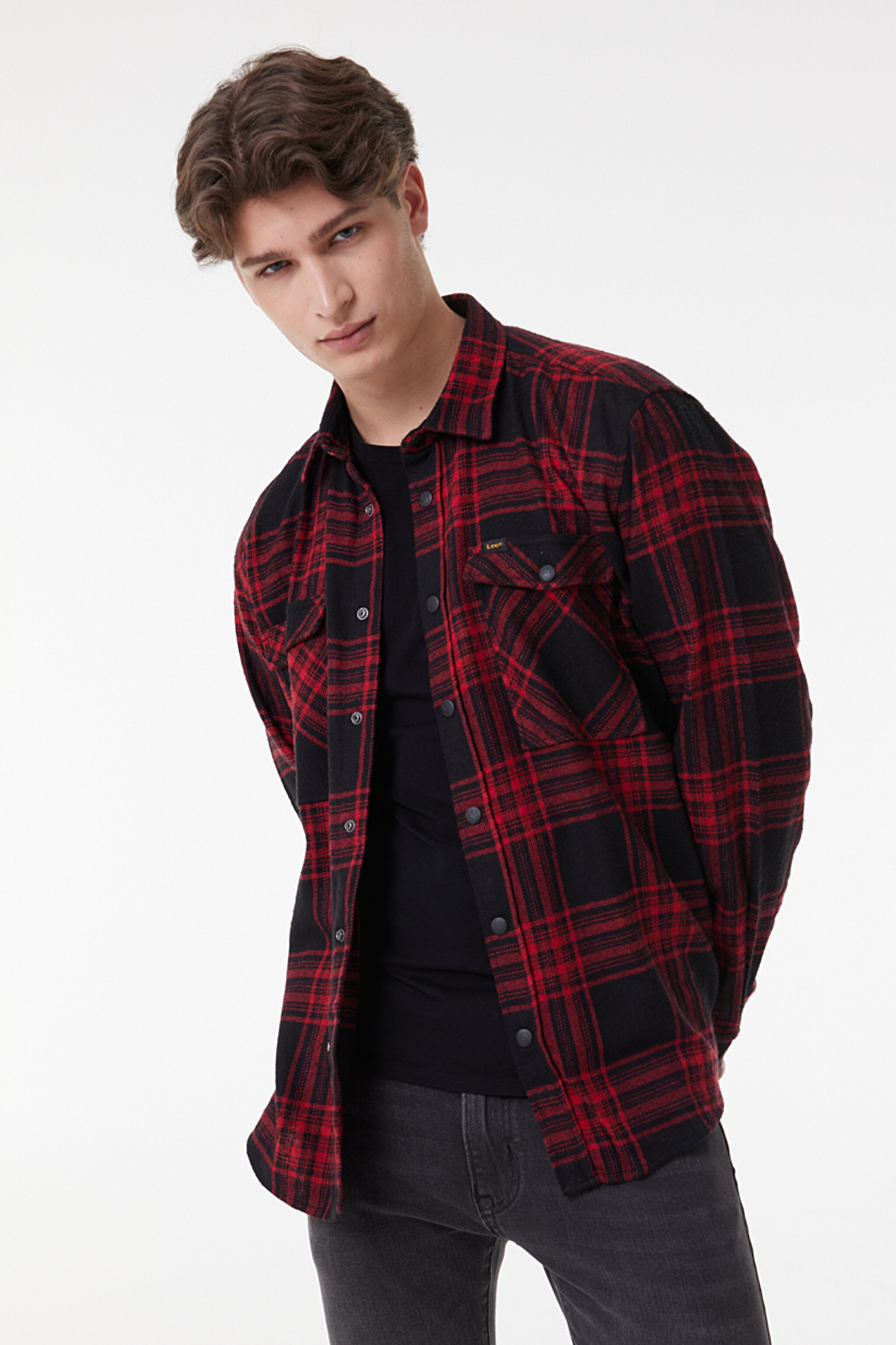 Loose Fit Rahat Kesim Ekose Siyah Kırmızı Şardonlu Uzun Kollu Gömlek - Black-L232146001
