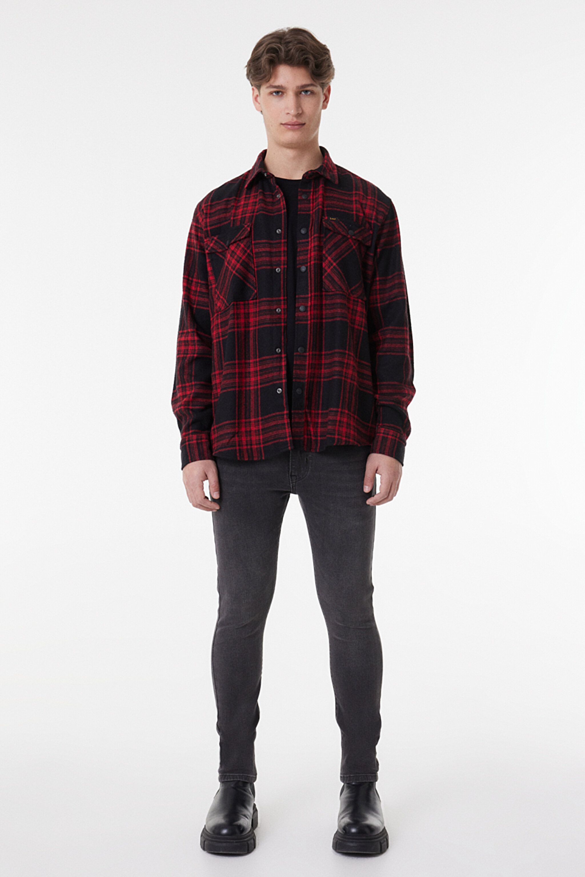 Loose Fit Rahat Kesim Ekose Siyah Kırmızı Şardonlu Uzun Kollu Gömlek - Black-L232146001 (görsel 2)