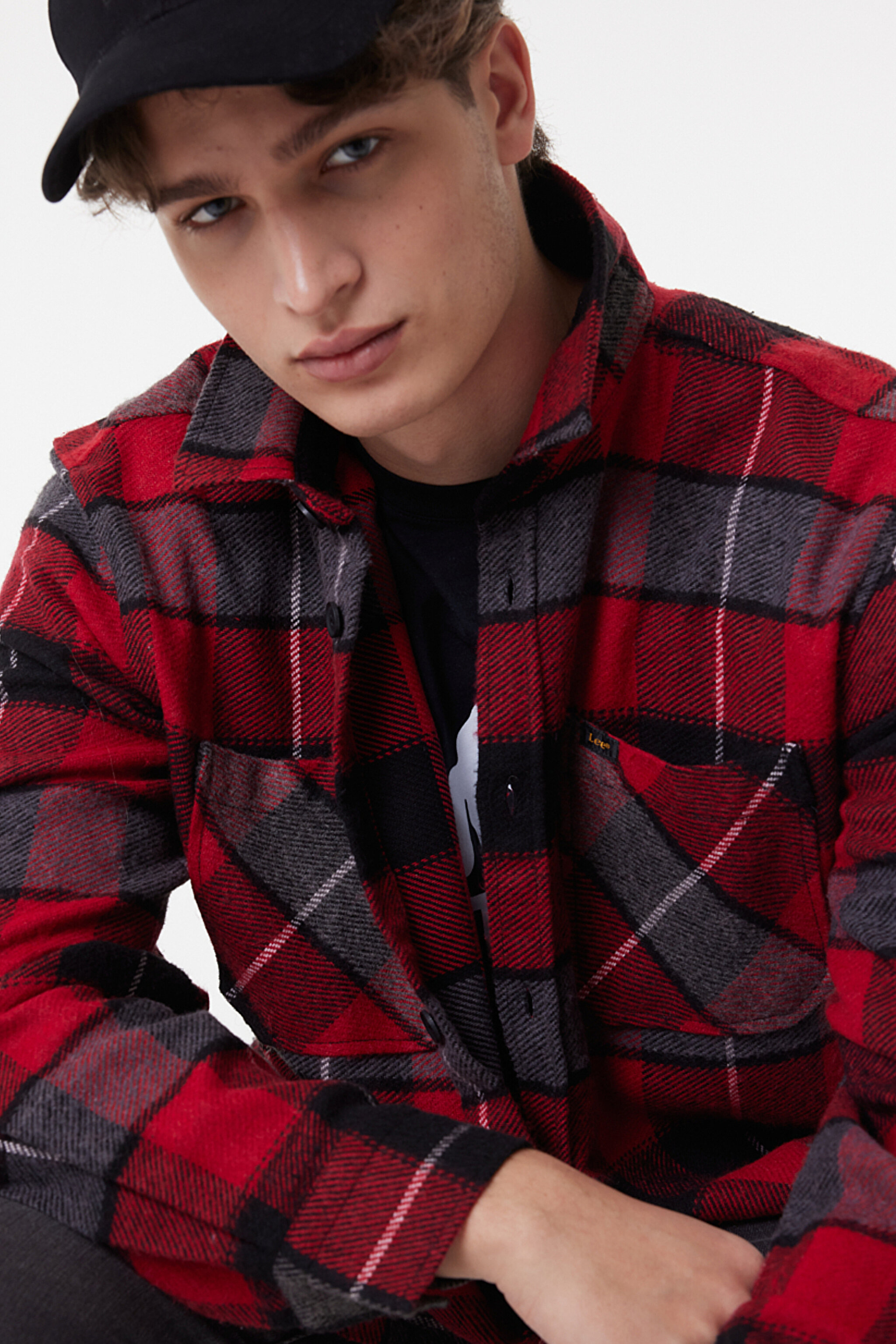 Loose Fit Rahat Kesim Ekose Kırmızı Siyah Şardonlu Uzun Kollu Gömlek - Red-L232153600