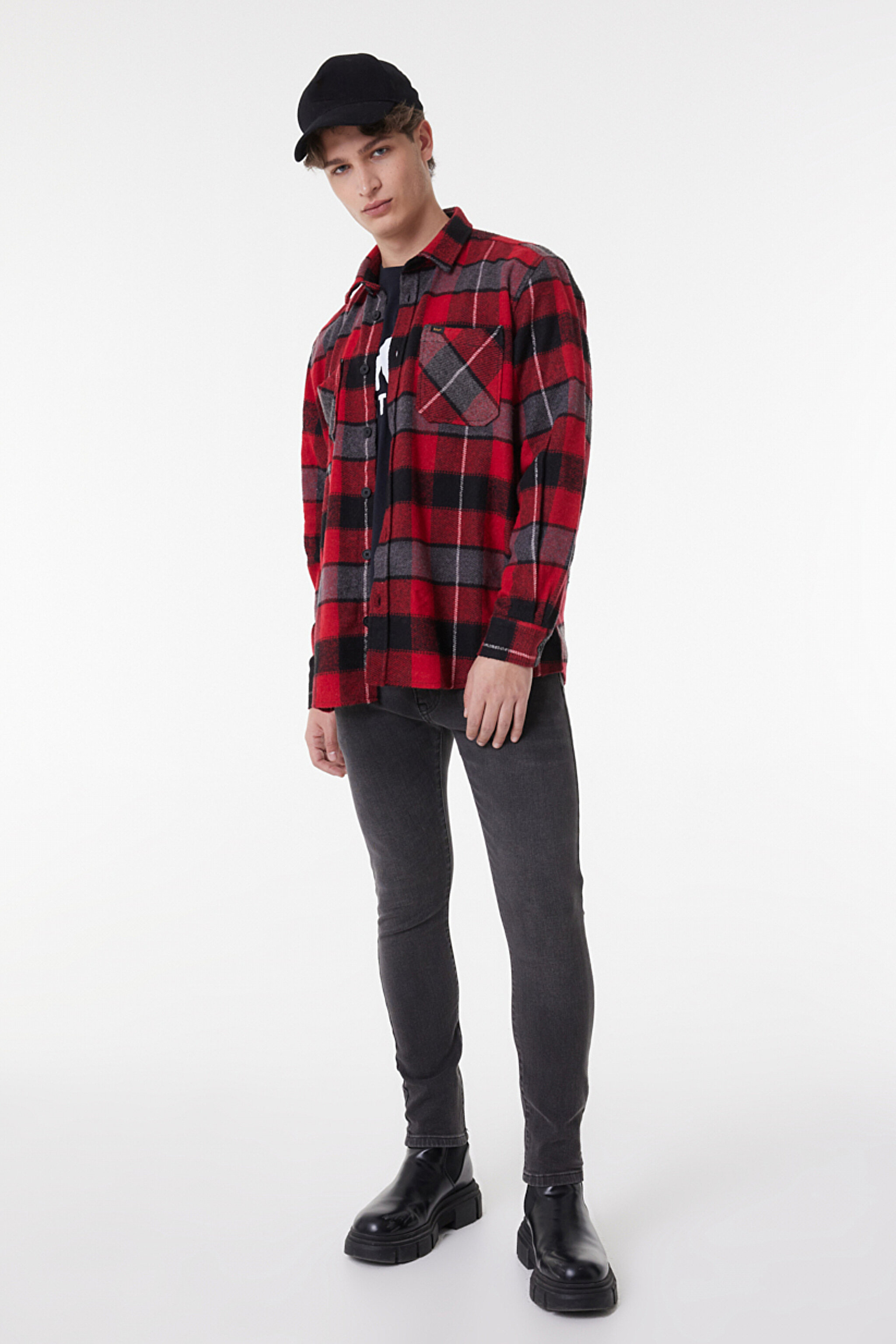 Loose Fit Rahat Kesim Ekose Kırmızı Siyah Şardonlu Uzun Kollu Gömlek - Red-L232153600 (görsel 4)