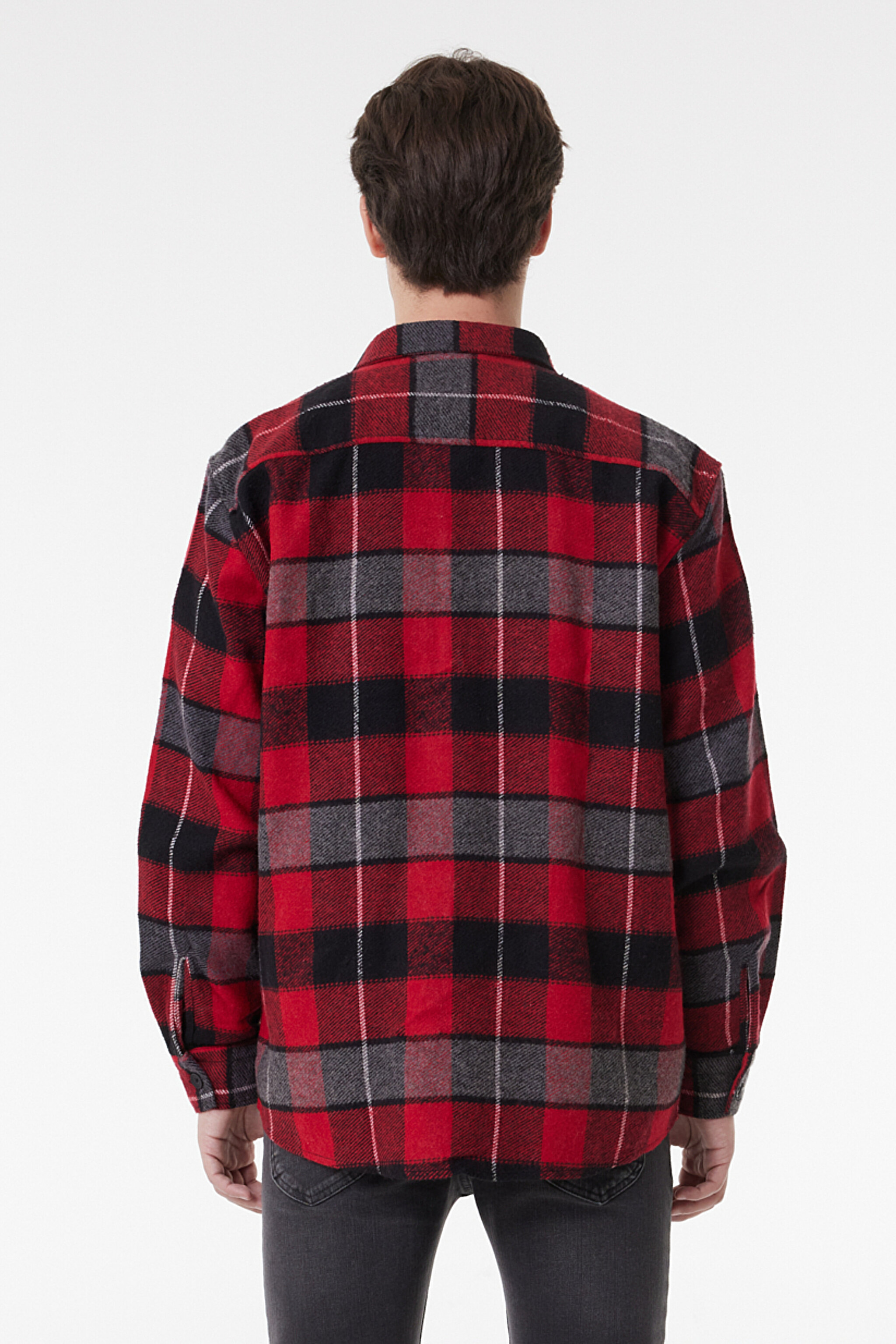 Loose Fit Rahat Kesim Ekose Kırmızı Siyah Şardonlu Uzun Kollu Gömlek - Red-L232153600 (görsel 5)
