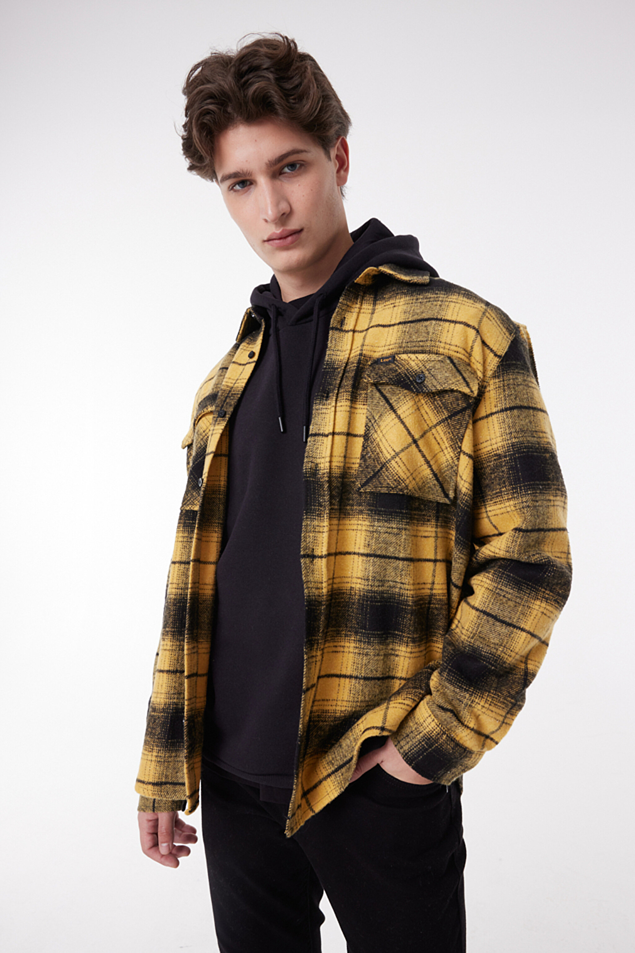 Loose Fit Rahat Kesim Ekose Hardal Siyah Şardonlu Uzun Kollu Gömlek - Mustard-L232162210 (görsel 2)