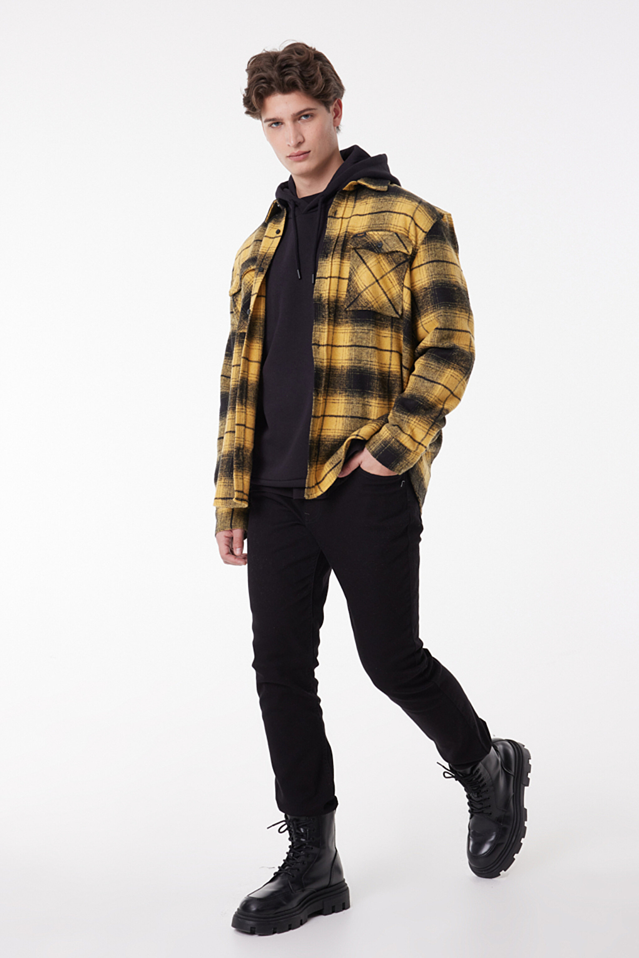 Loose Fit Rahat Kesim Ekose Hardal Siyah Şardonlu Uzun Kollu Gömlek - Mustard-L232162210 (görsel 3)