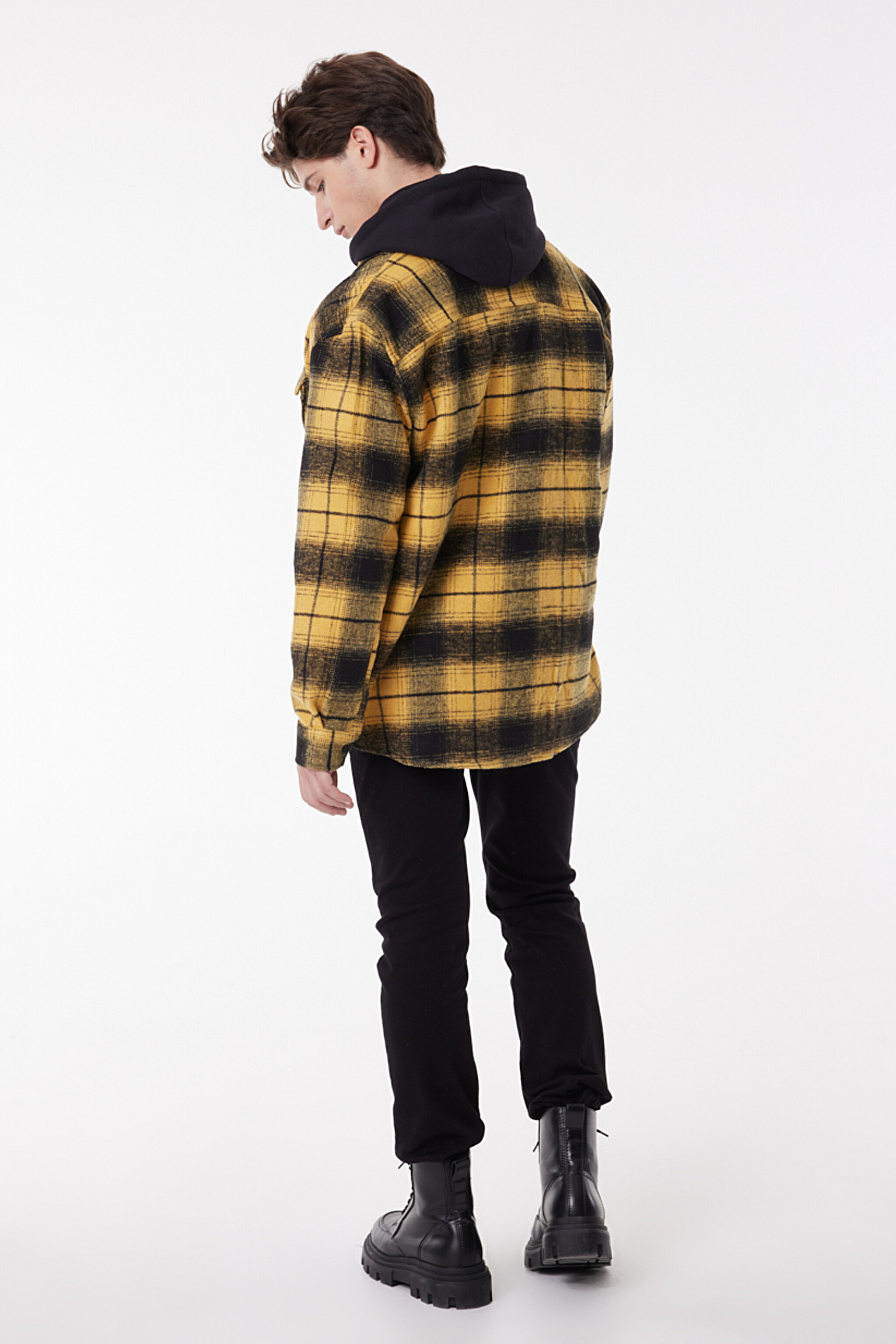 Loose Fit Rahat Kesim Ekose Hardal Siyah Şardonlu Uzun Kollu Gömlek - Mustard-L232162210 (görsel 7)