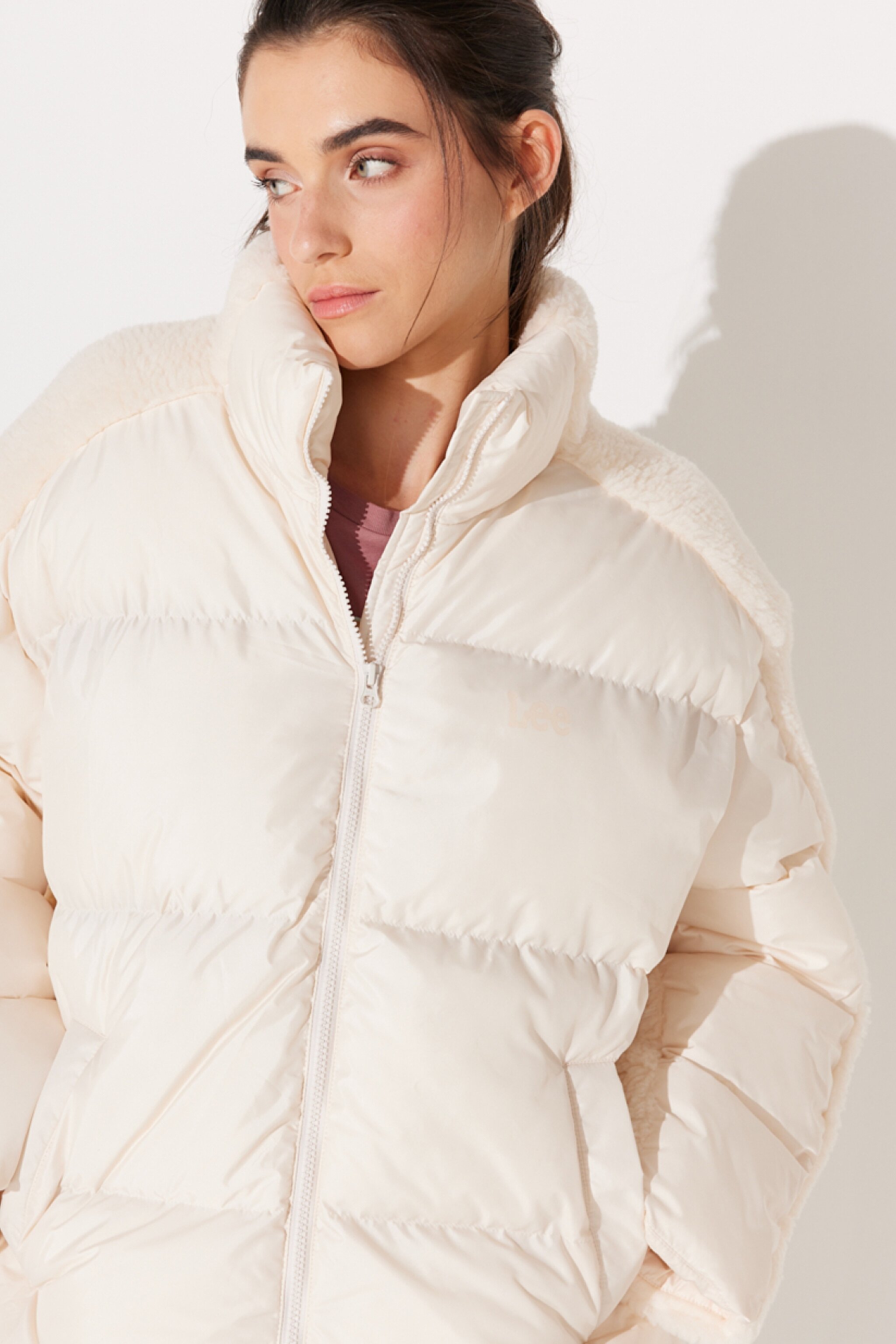 Loose Fit Rahat Kesim Dik Yaka Sherpa Detaylı Bej Mont - Beige-L232194614 (görsel 4)