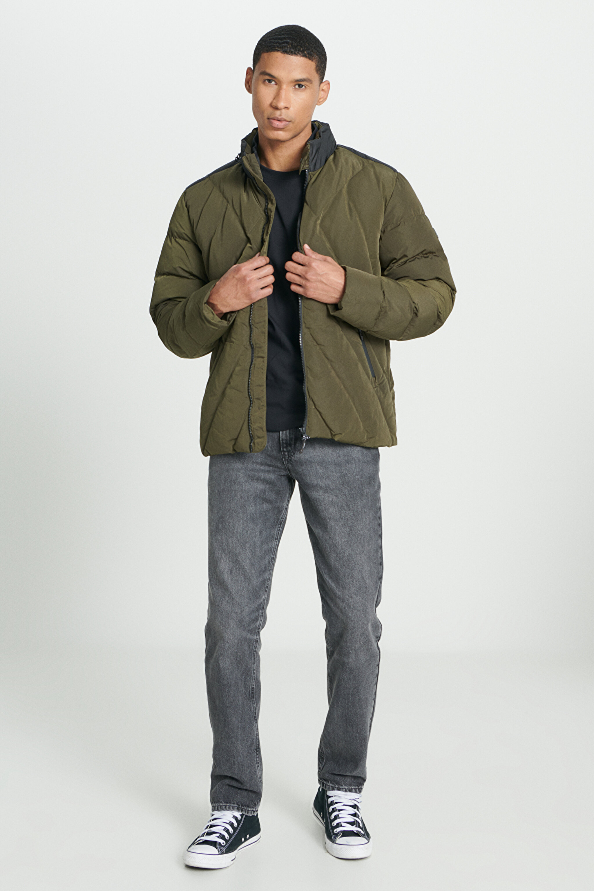 Regular Fit Normal Kesim Kapüşonlu Tam Fermuarlı Haki Mont - Khaki-L232199801 (görsel 4)