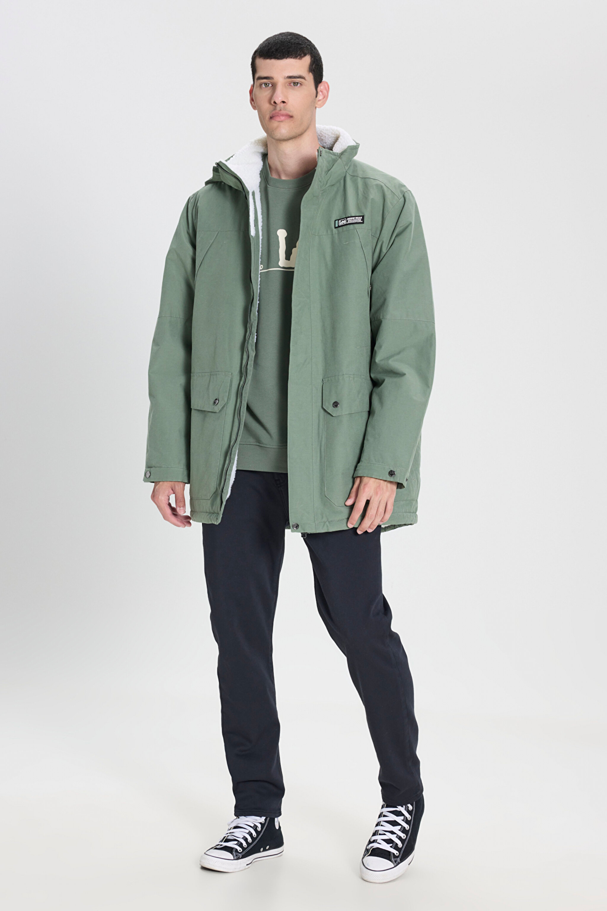 Regular Fit Normal Kesim Kapüşonlu Açık Yeşil Parka Ceket