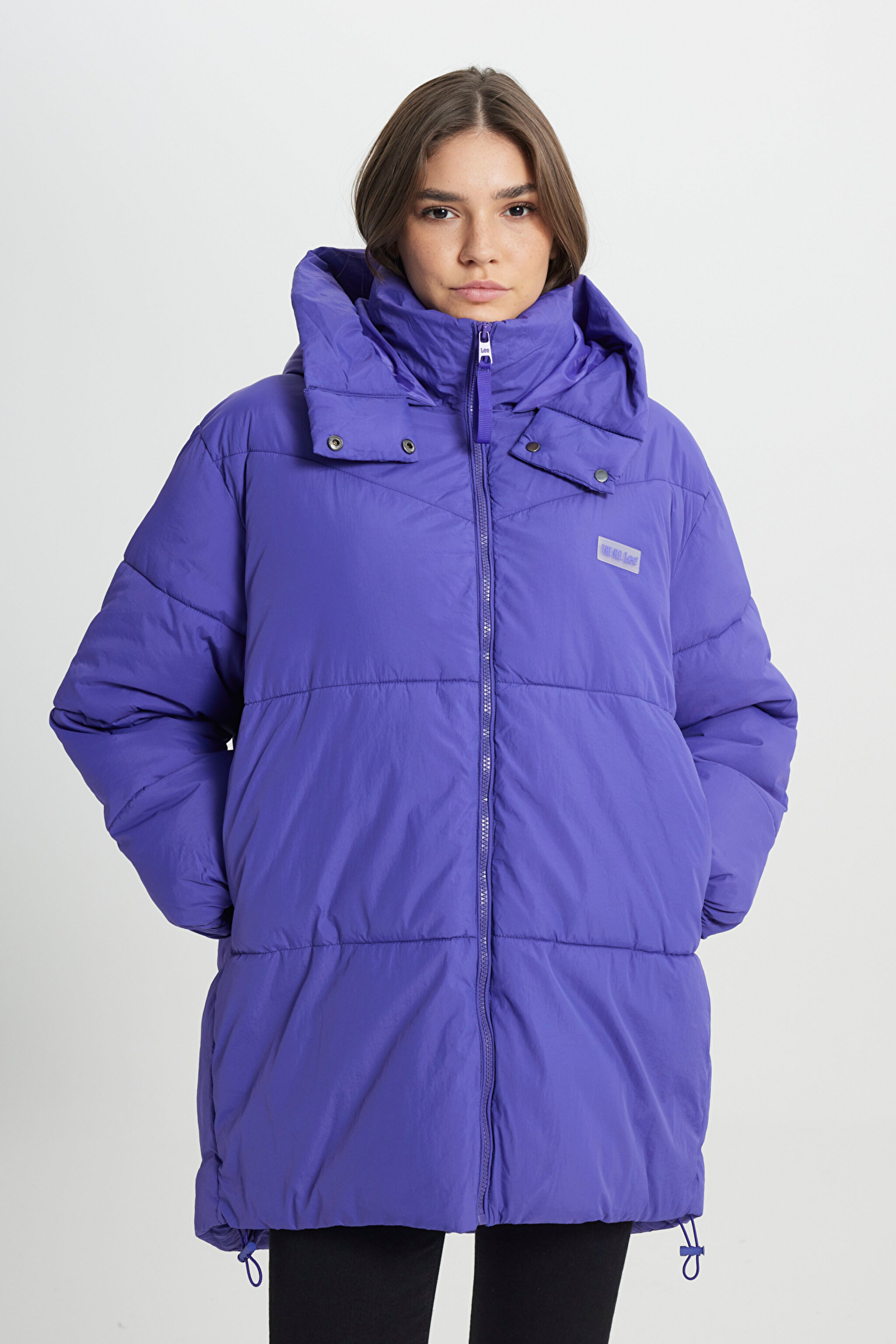 Loose Fit Rahat Kesim Kapüşonlu Uzun Mor Şişme Mont L232222499