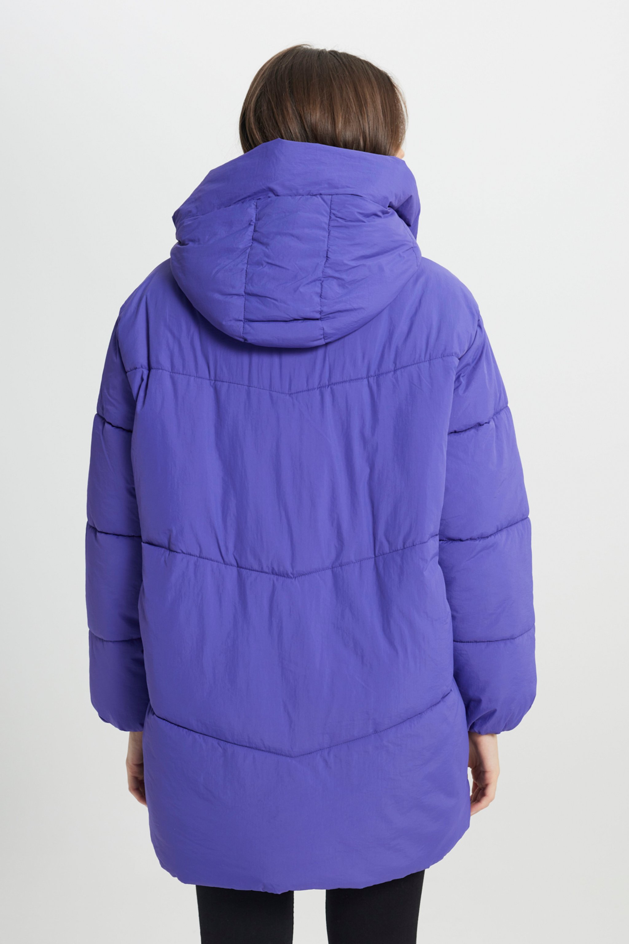 Loose Fit Rahat Kesim Kapüşonlu Uzun Mor Şişme Mont L232222499