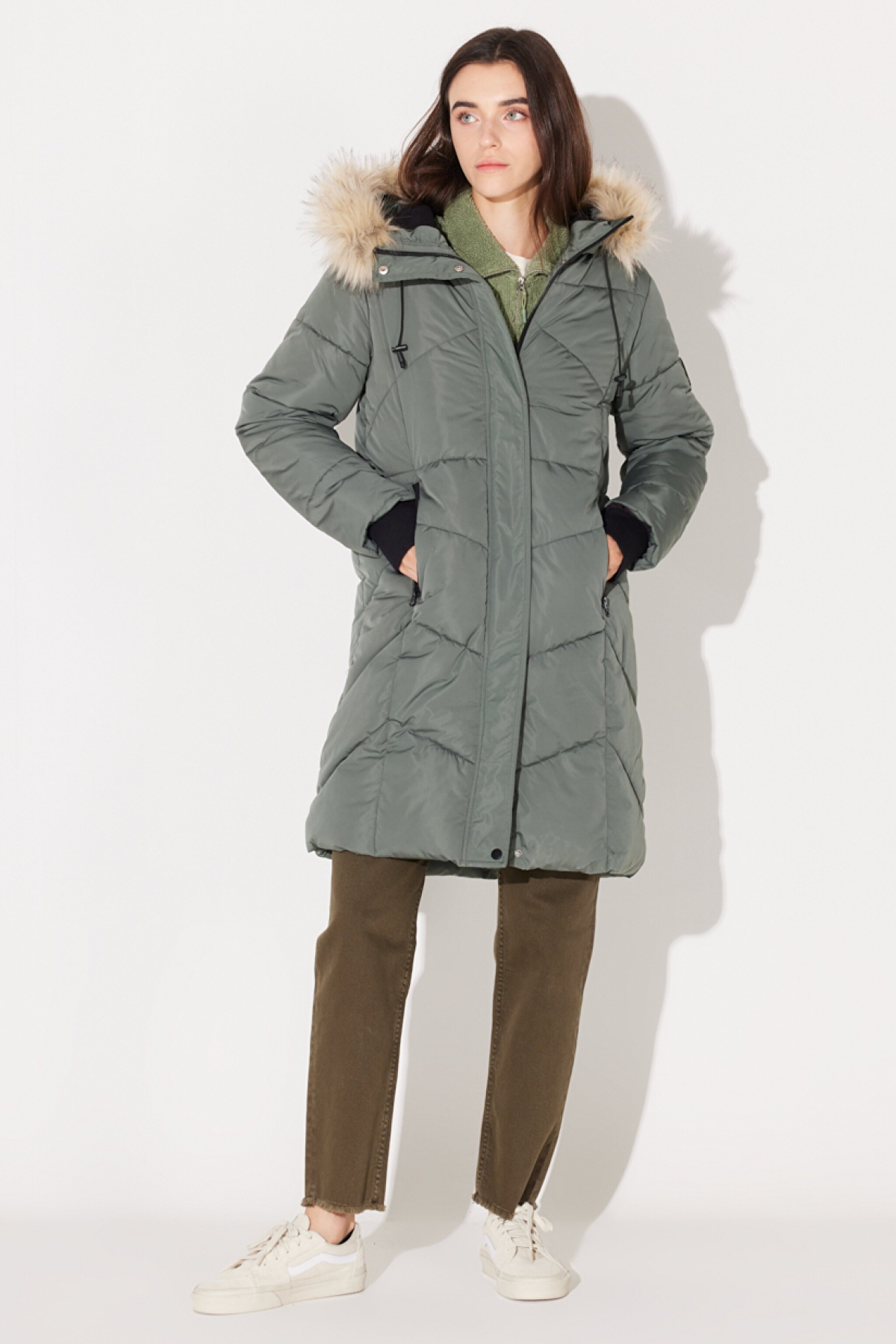 Regular Fit Normal Kesim Kapüşonlu Uzun Haki Şişme Mont - Khaki-L232223801 (görsel 7)