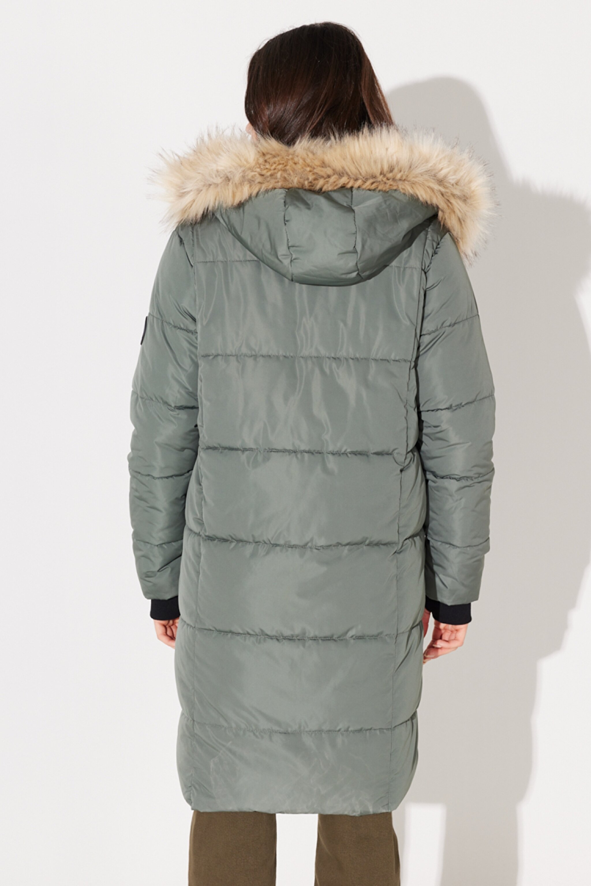Regular Fit Normal Kesim Kapüşonlu Uzun Haki Şişme Mont - Khaki-L232223801 (görsel 8)