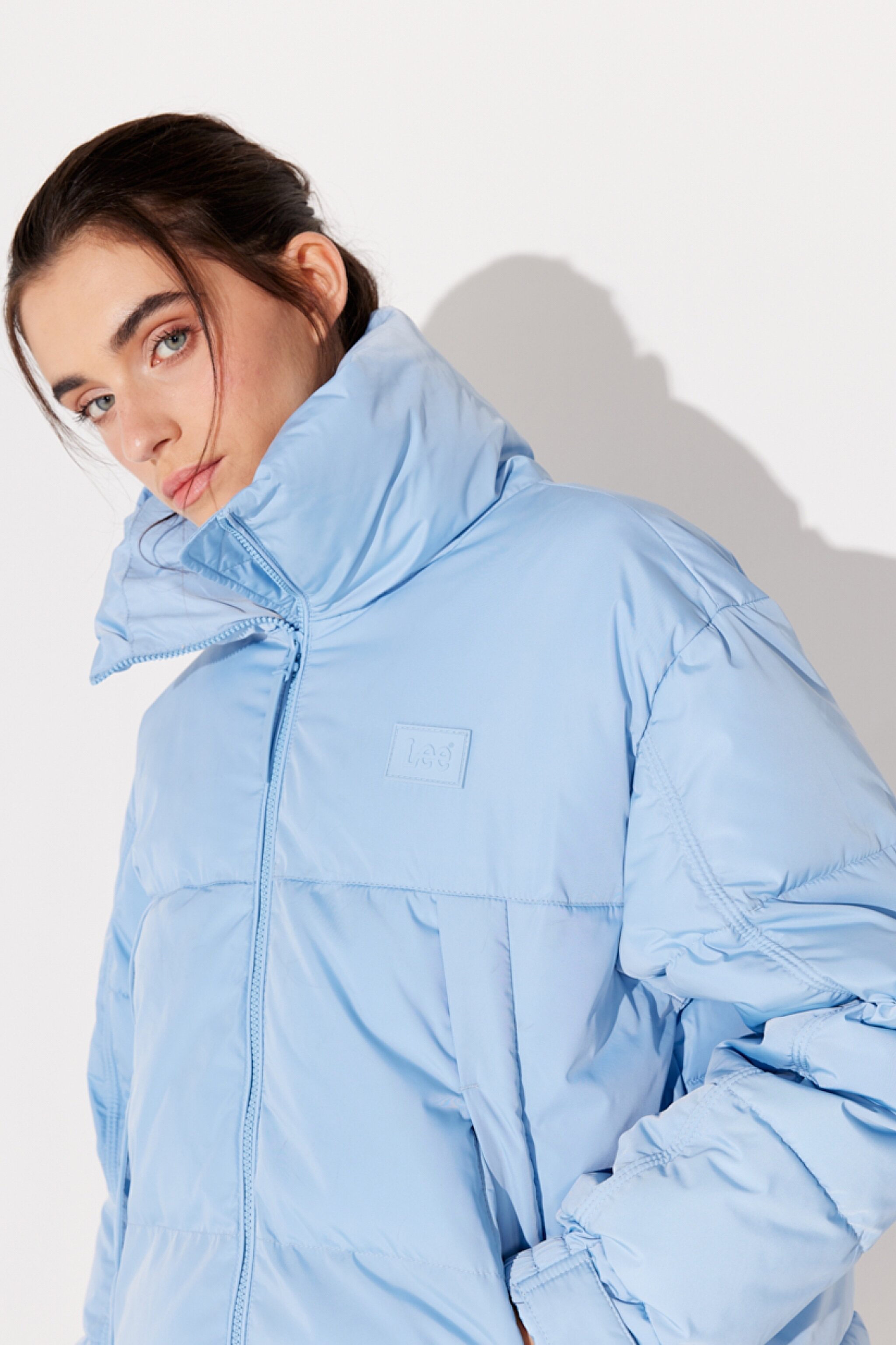 Loose Fit Rahat Kesim Dik Yaka Açık Mavi Şişme Mont - Blue-L232228400 (görsel 4)
