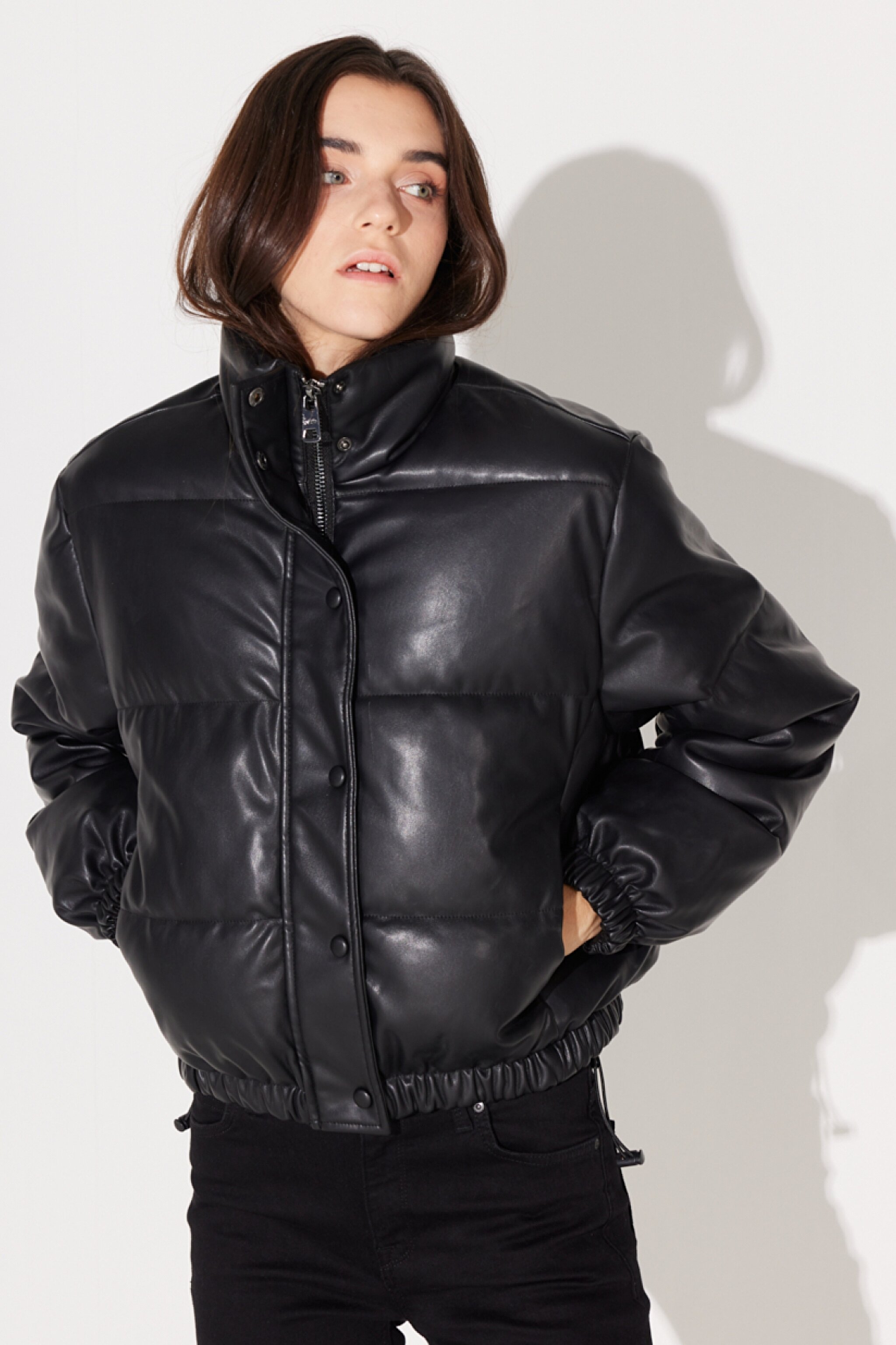 Regular Fit Normal Kesim Dik Yaka Siyah Suni Deri Şişme Mont - Black-L232230001