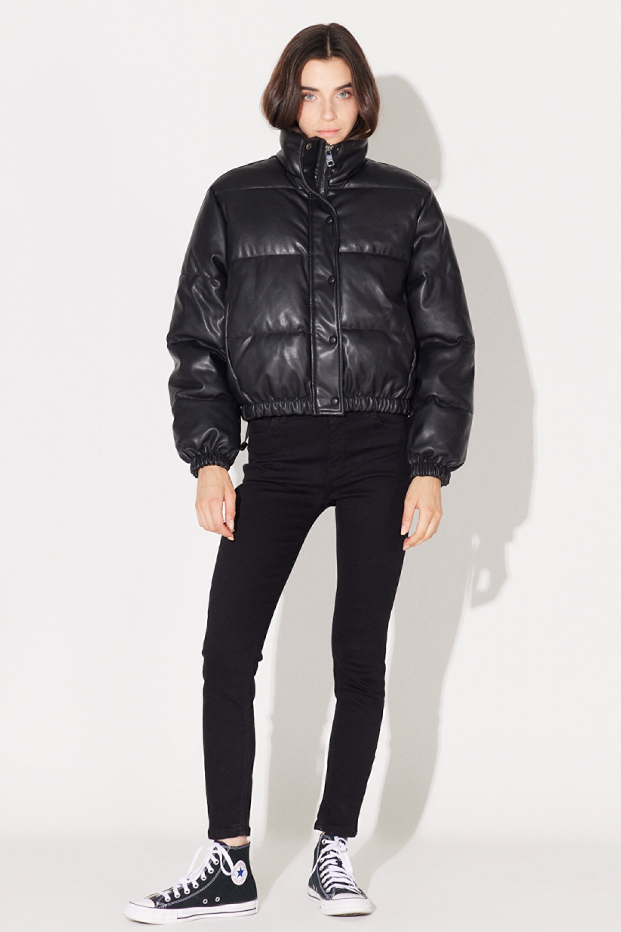 Regular Fit Normal Kesim Dik Yaka Siyah Suni Deri Şişme Mont - Black-L232230001 (görsel 6)