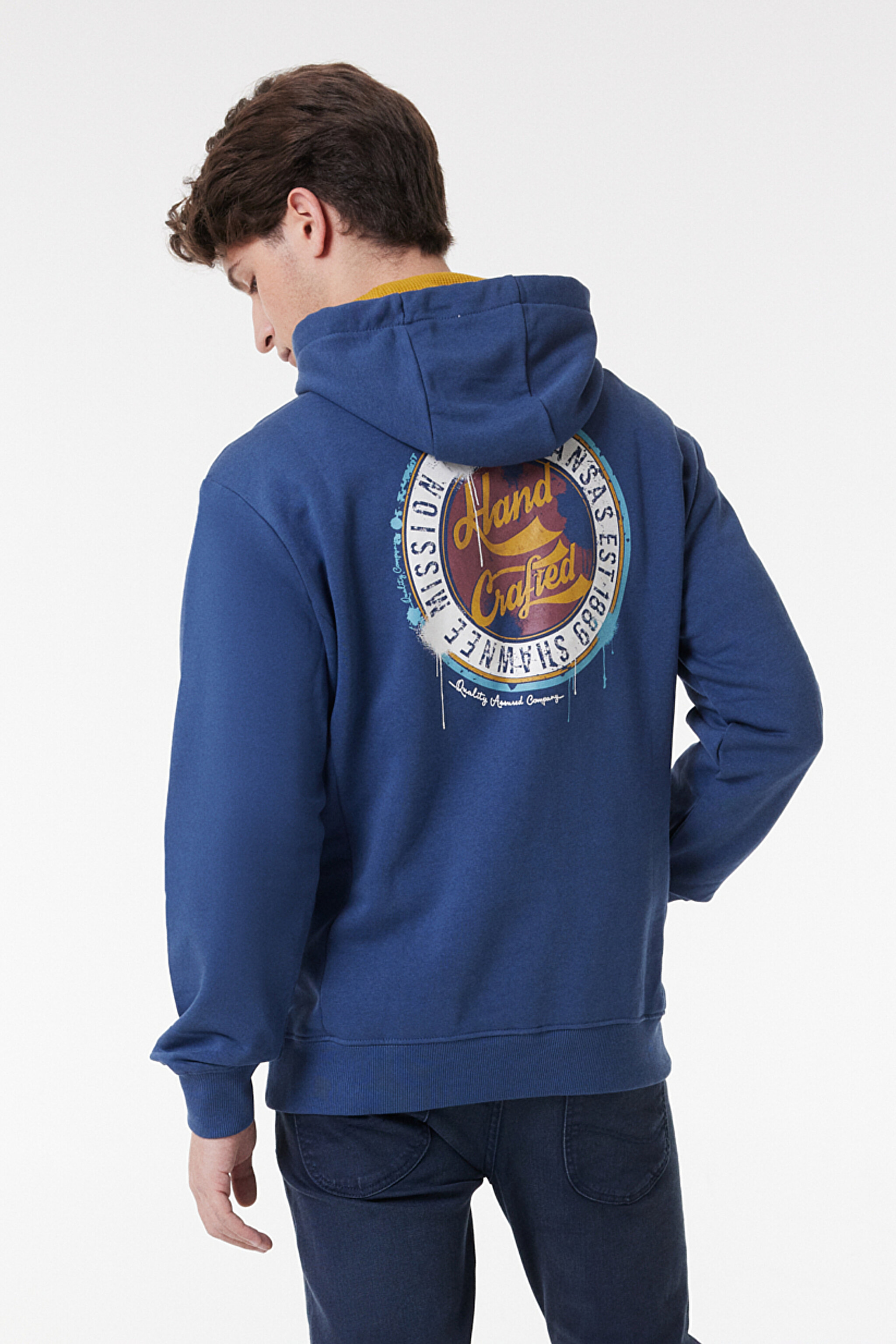 Regular Fit Normal Kesim Kapüşonlu Şardonlu İndigo Sweatshirt - Blue-L232273400 (görsel 5)