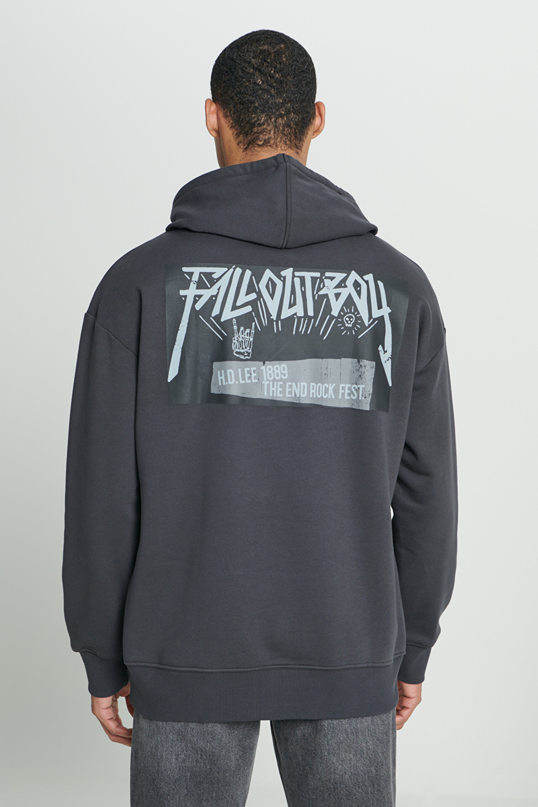 Loose Fit Rahat Kesim Kapüşonlu İçi Polarlı Sırt Baskılı Antrasit Sweatshirt - Anthracite-L232275003 (görsel 2)