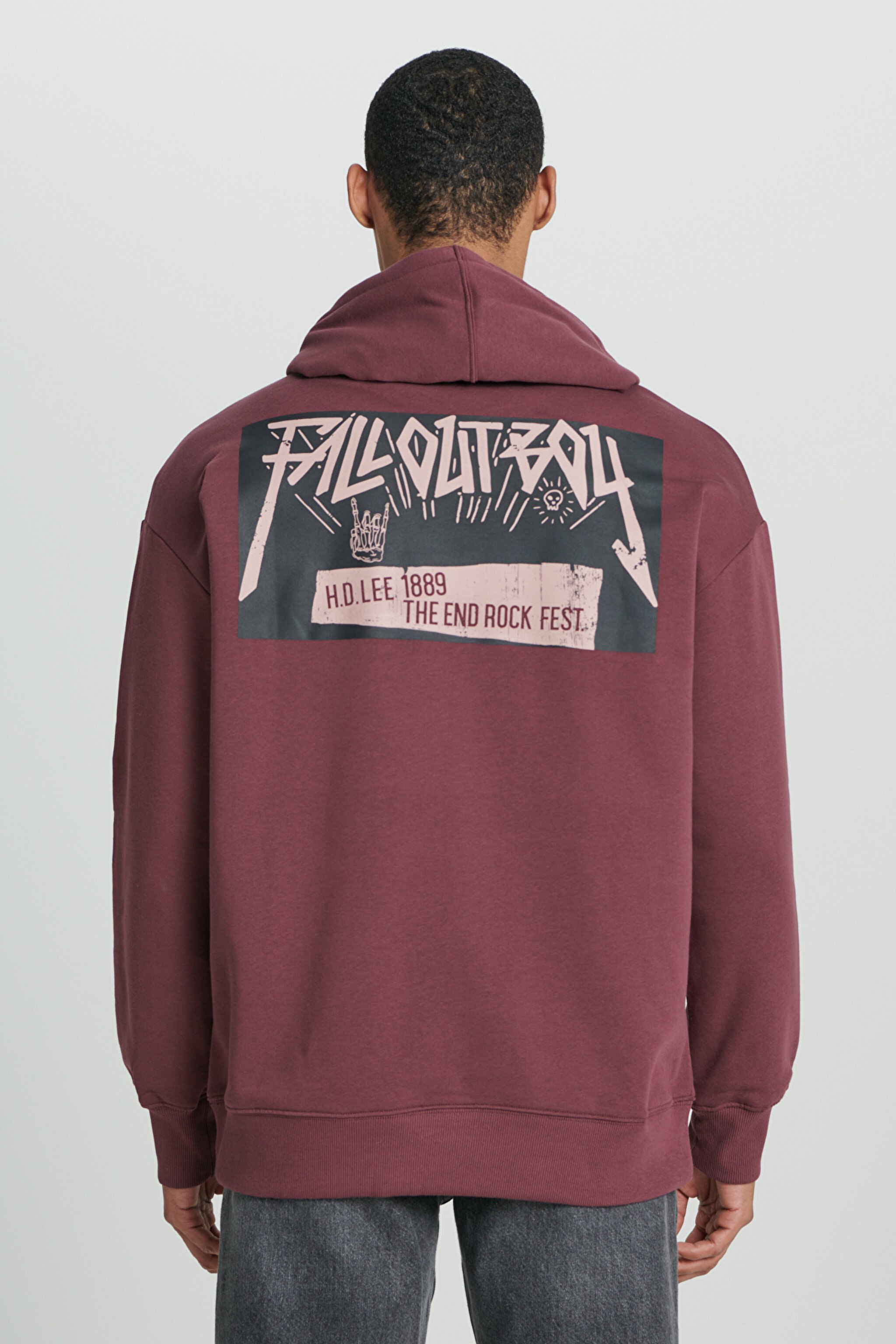 Loose Fit Rahat Kesim Kapüşonlu İçi Polarlı Sırt Baskılı Bordo Sweatshirt - Dark Wine-L232275838 (görsel 2)