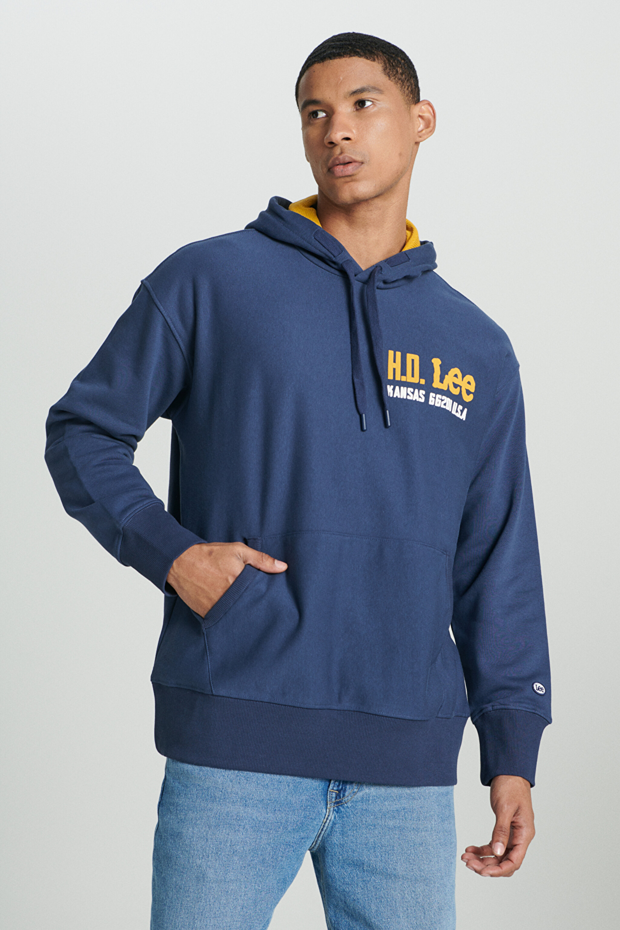 Loose Fit Rahat Kesim Kapüşonlu İçi Polarlı Sırt Baskılı Indigo Sweatshirt
