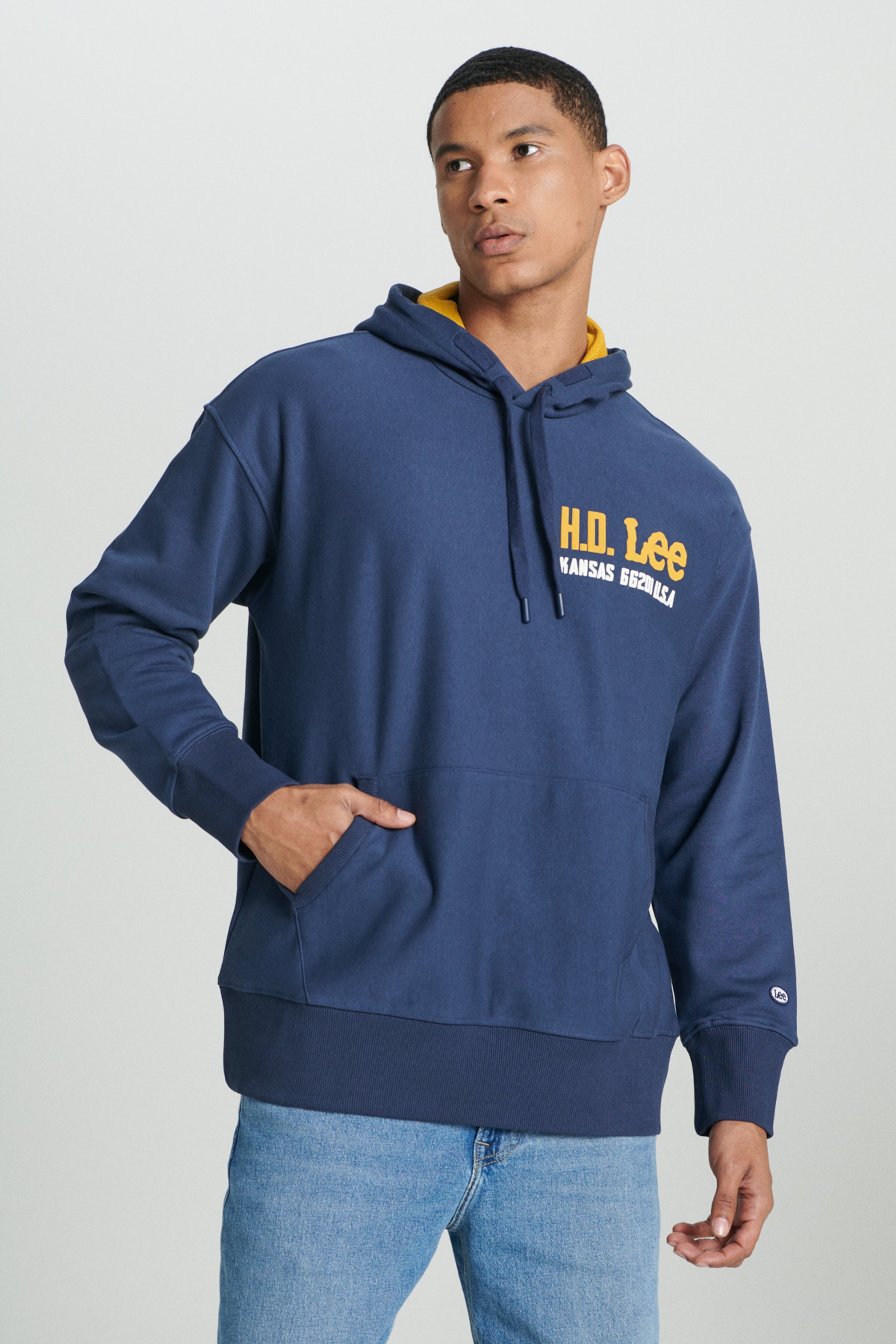 Loose Fit Rahat Kesim Kapüşonlu İçi Polarlı Sırt Baskılı Indigo Sweatshirt - Indigo-L232277315